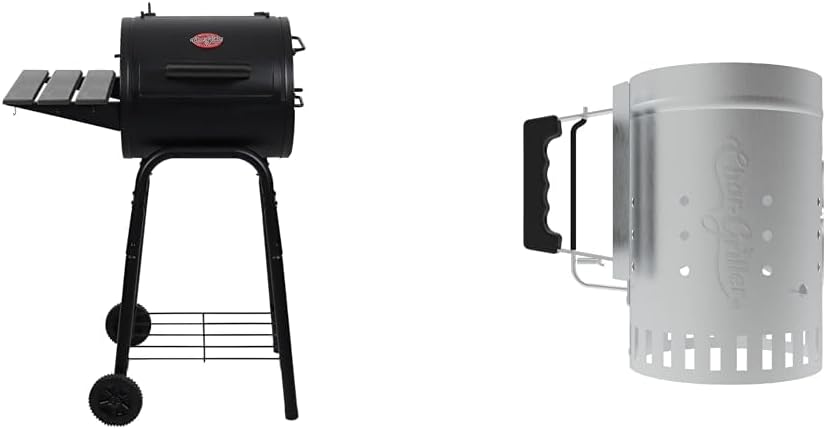 Char-Griller® Patio Pro Charcoal Grill, Smoker and Charcoal Chimney Starter Bundle with 250 Cooking Square Inches, Cast Iron Grates and Quick Release Trigger