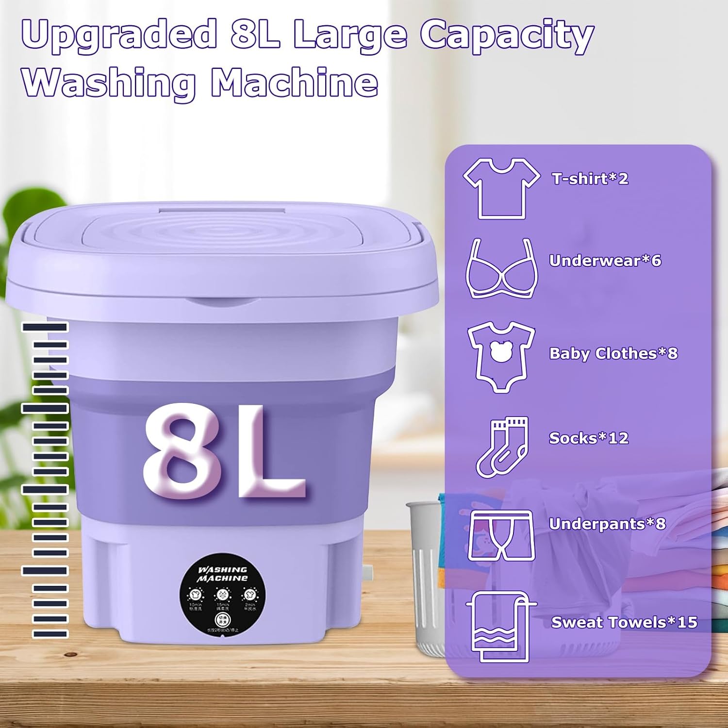 Portable Washing Machine, Foldable Mini Washing Machine with 3 Modes Deep Cleaning of Underwear, Small Clothes and Socks, Small Collapsible Laundry Washer for Apartments, Camping, Travel (Purple)