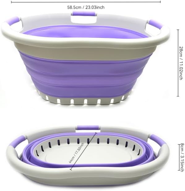 SAMMART 36L (9.5 gallon) Collapsible 3 Handled Plastic Laundry Basket-Foldable Pop Up Storage Container/Organizer-Space Saving Basket (3 handled Oval, Grey/Purple)
