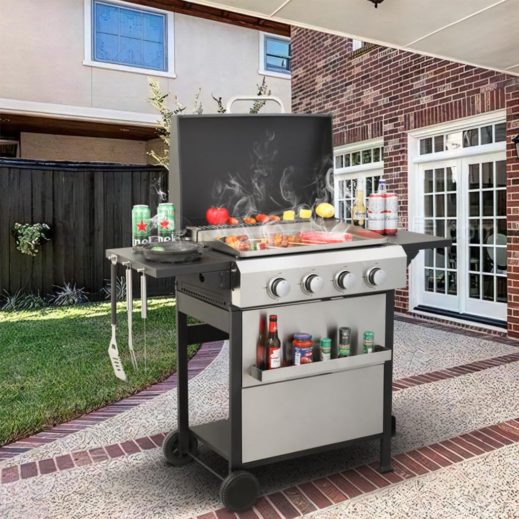 4-Burner Propane Gas BBQ Grill with Enameled Cast Iron Grate and Foldable Side Table, Portable Gas Grills Propane High Output Gas BBQ Grills for Barbeque and Outdoor Cooking (49200BTU Output)