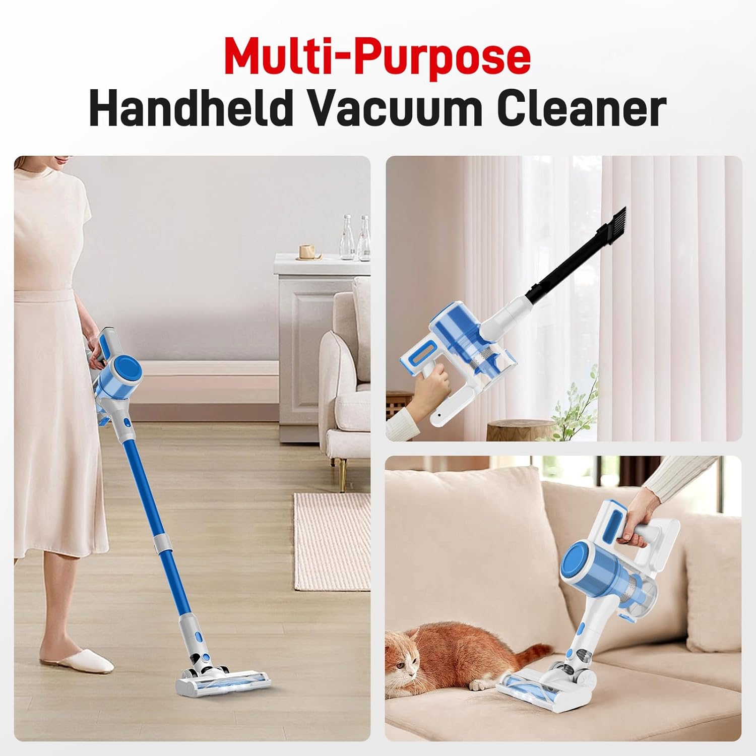 KIKETECH Cordless Vacuum Cleaner, Stick Vacuum with 45Mins Runtime, 8 in 1 Vacuum Cleaners,1.8 L Dust Cup, Rechargeable Vacuum Pet for Hair, Carpet, Hardfloor (Blue)