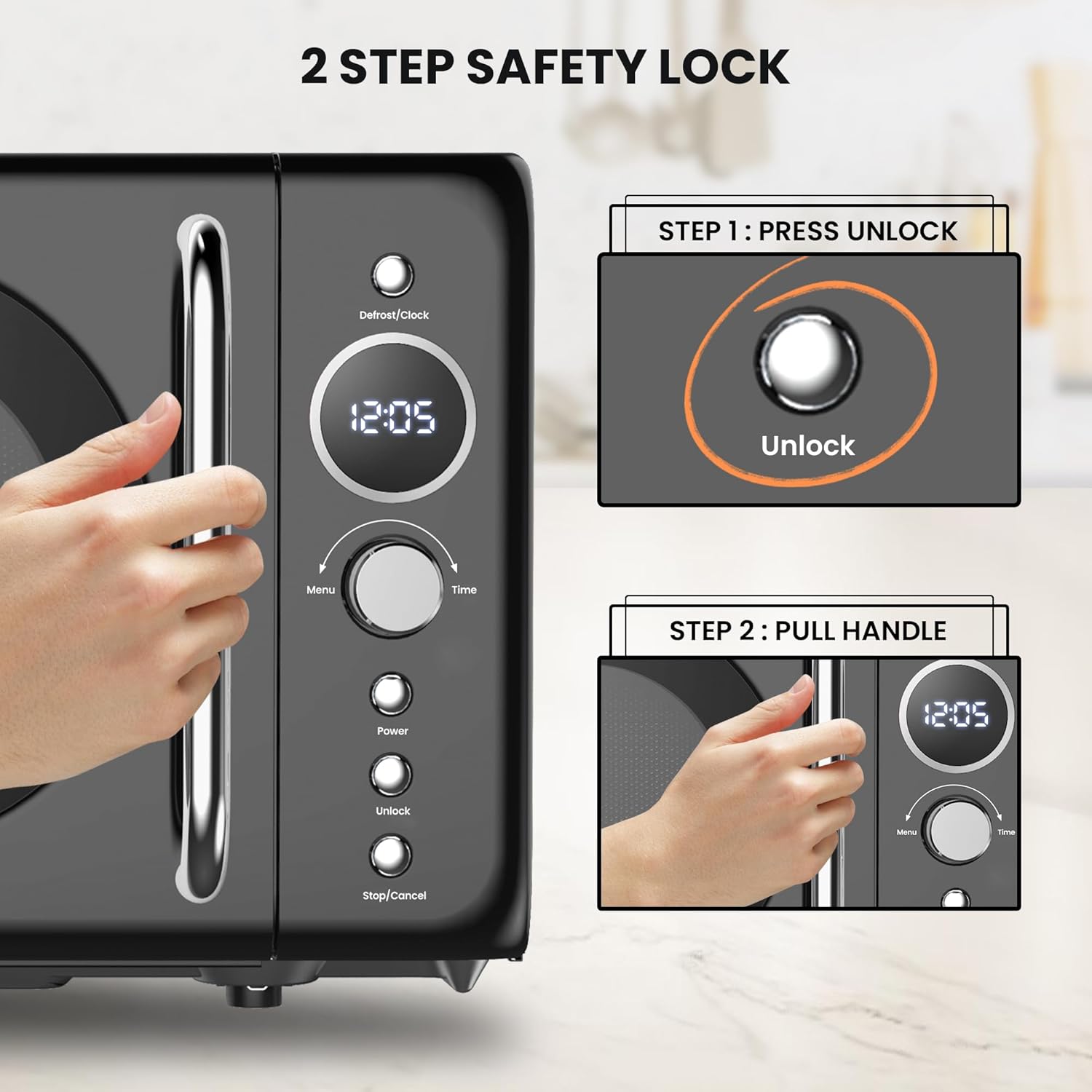 Total Chef Retro Microwave Oven | 20L / 0.7 Cu Ft | Quick Start & Defrost By Weight/Time | 8 Pre-set Cooking Modes For Coffee, Rice, Pasta, Potato, Reheat, Fish, Pizza, Popcorn | 700W | Black