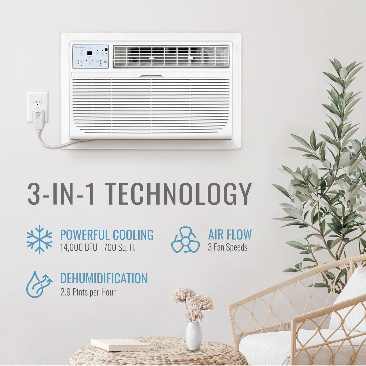 Keystone 14,000 BTU Wall Mounted AC Unit and Dehumidifier, 230V, Wall Unit for Bedroom, Garage, Nursery, and Large Rooms up to 700 Sq.Ft., AC Wall Unit with Remote Control