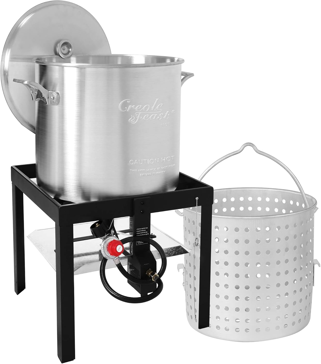 Creole Feast SBK0801 80 Qt Seafood Boiling Kit with Strainer, Outdoor Seafood Boil Pot and Basket with 100,000 BTUs Propane Burner and 10 PSI Regulator, Black & Silver