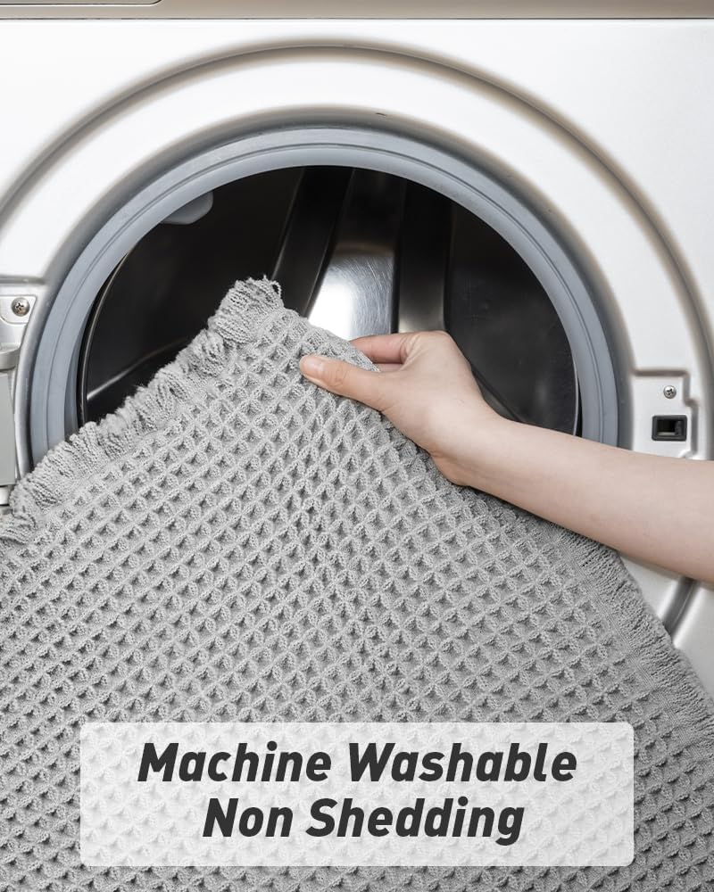 Upgraded Waffle Runner Rug Super Absorbent Non Slip Bath Mats for Bathroom Machine Washable Bathroom Runner Rug with Tassels, Ideal for Hallway Bedroom Laundry Room, Light Grey, 2' x 5'(24