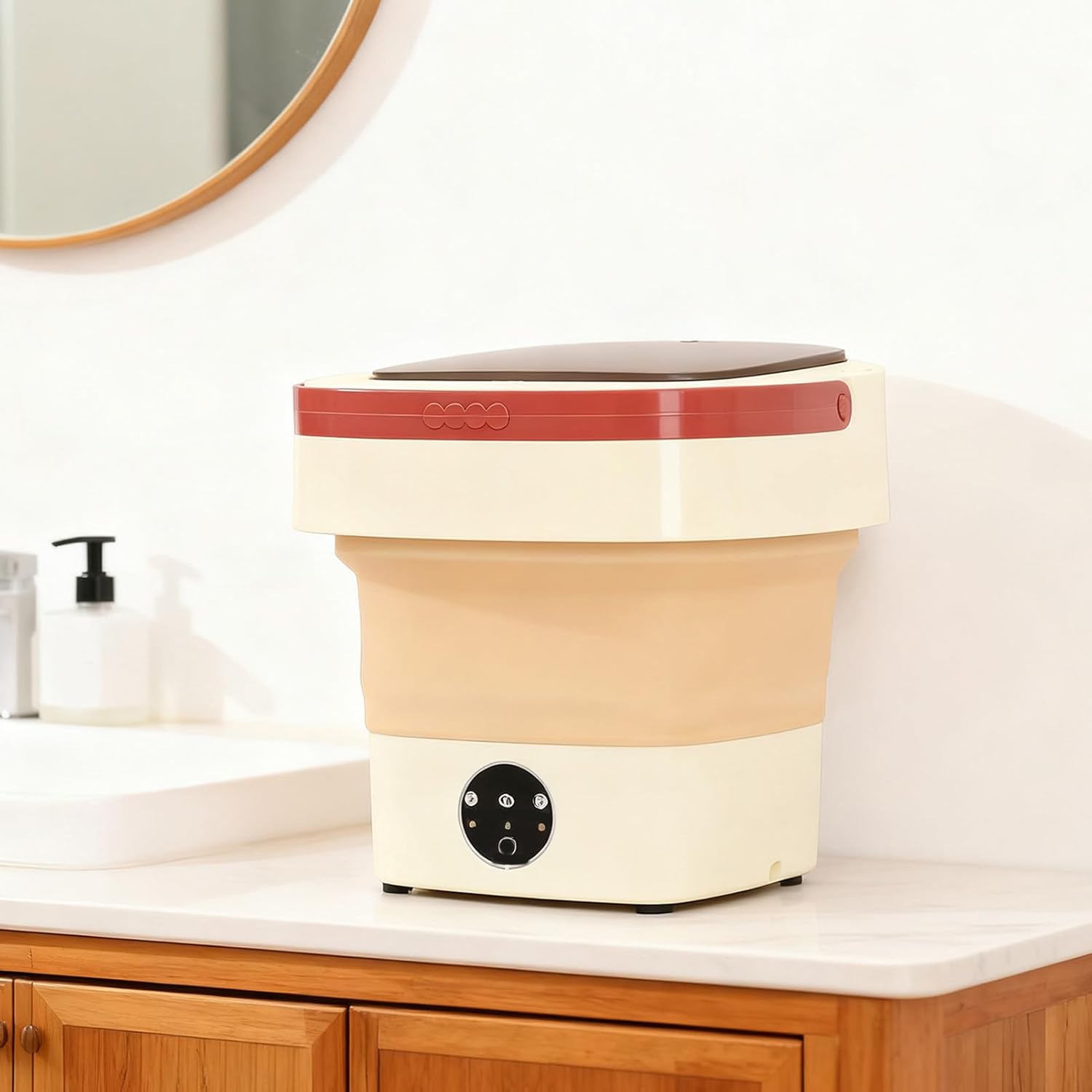 Portable Washing Machine 8L Foldable Underwear Washer with 3 Cleaning Modes Spinning Drying Function Drain Basket Small Foldable Laundry Machine for Toddler Clothes Socks (Khaki)