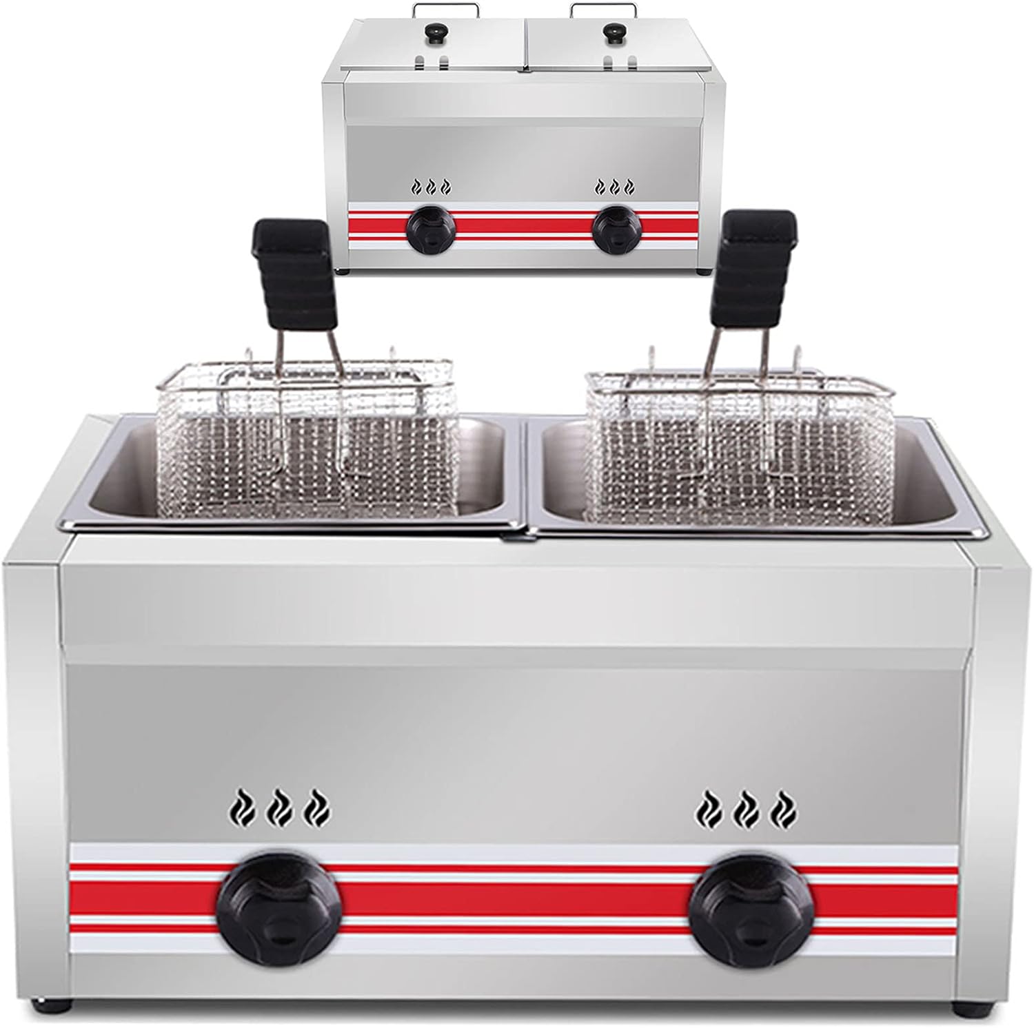Large Capacity Gas Fryer with Removable Baskets and Lid 20L/30L Standing Temperature Control Adjustable Firepower Stainless Steel,(Lpg)