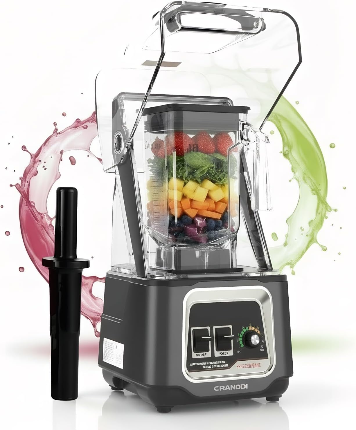 CRANDDI Professional Smoothie Blender, 2200W Commercial Soundproof Quiet blender with Removable Soundproof Shield for Crushing Ice, MilkShakes, Puree, Self-Cleaning, 50oz 110V K80 (Grey)
