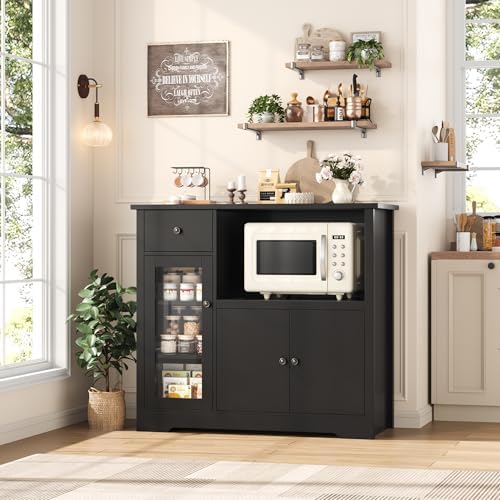 HORSTORS Microwave Cabinet, Kitchen Storage Cabinet with 3 Doors and 1 Drawer, Buffet Sideboard with Adjustable Shelves, Microwave Stand for Kitchen, Dining Room, Black