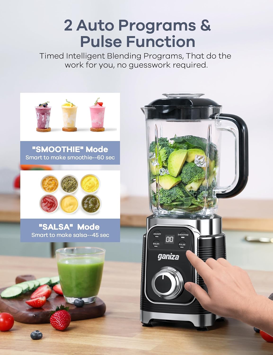 Ganiza Professional Smoothie Blender, Blenders for Smoothies with 1800 Peak Watts & 8 Auto Programs for Frozen Fruits & Ice, 64-oz Large Blender for Shakes and Smoothies, Nutritious Recipe