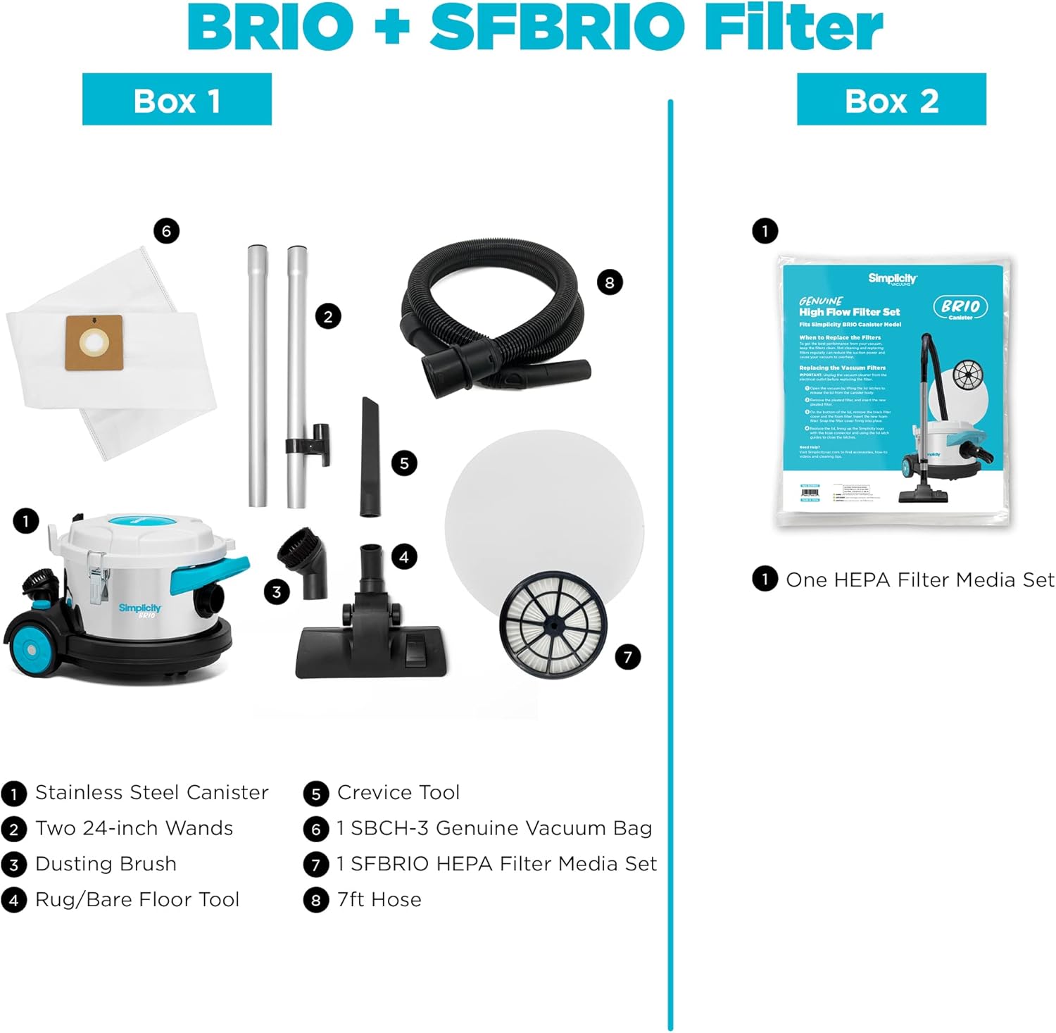 Simplicity Vacuums Brio Dry Canister Vacuum & Filter Set Bundle, Heavy Duty Vacuum Cleaner for Hardwood, Tile, Rugs & More with Extra HEPA Filter Media Set