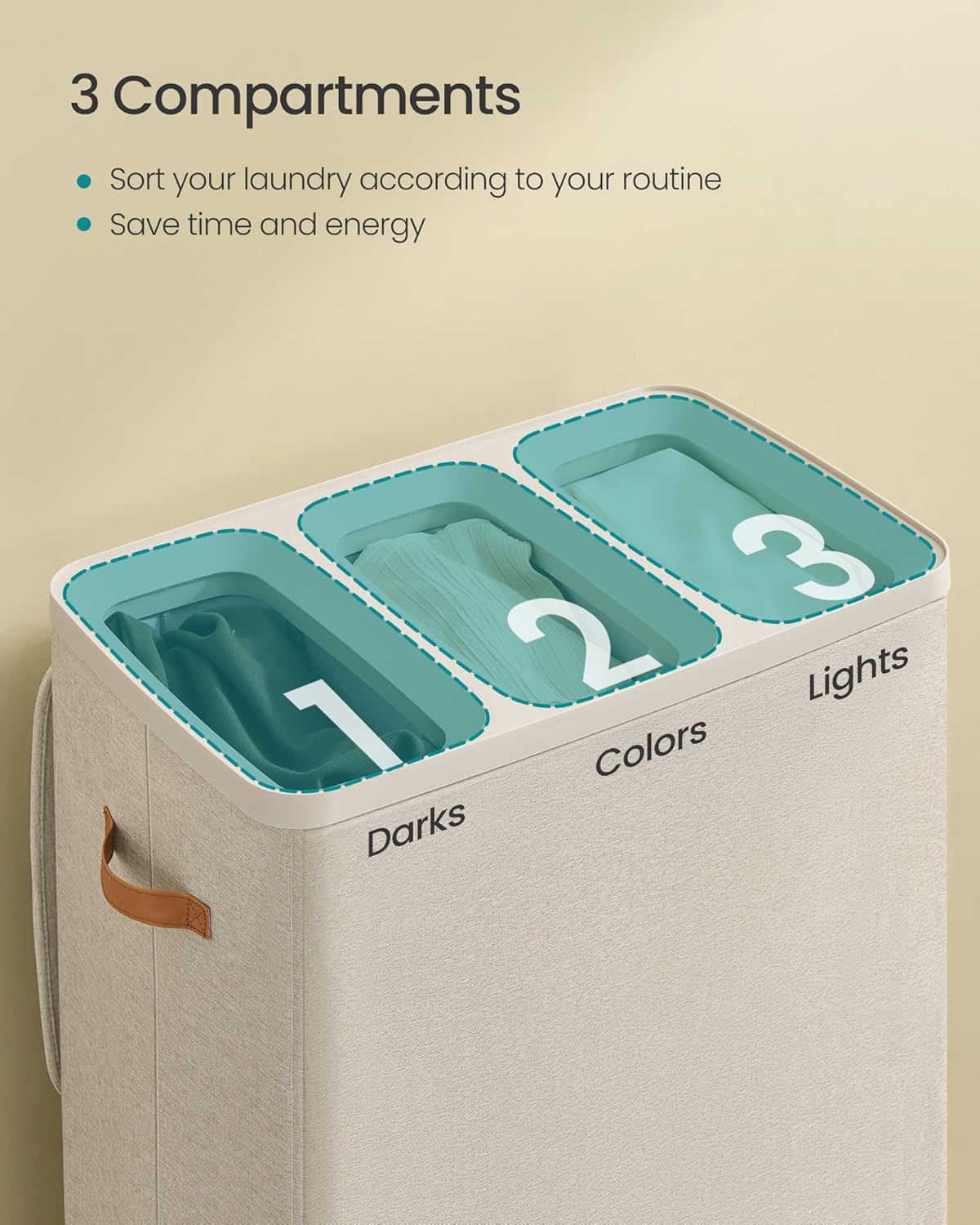 SONGMICS Laundry Basket, 50.2 Gal. Laundry Hamper, 3 Compartments, Easy Assembly, with Lid and Handles, Removable Liners, 25.2 x 15.7 x 29.5 Inches, Cappuccino Beige ULCB814LH01