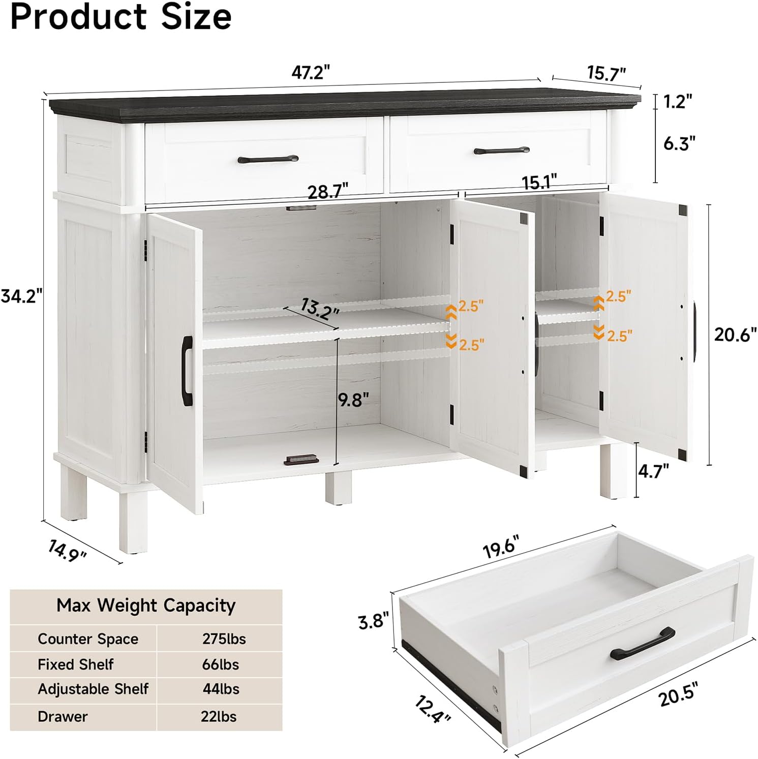 48 Inches Buffet Cabinet with Storage, Farmhouse Sideboard Buffet w/2 Drawers and 3 Doors, Wood Coffee Bar Cabinet with Adjustable Shelves, Sideboard Storage for Kitchen, Living Room, Off White&Black