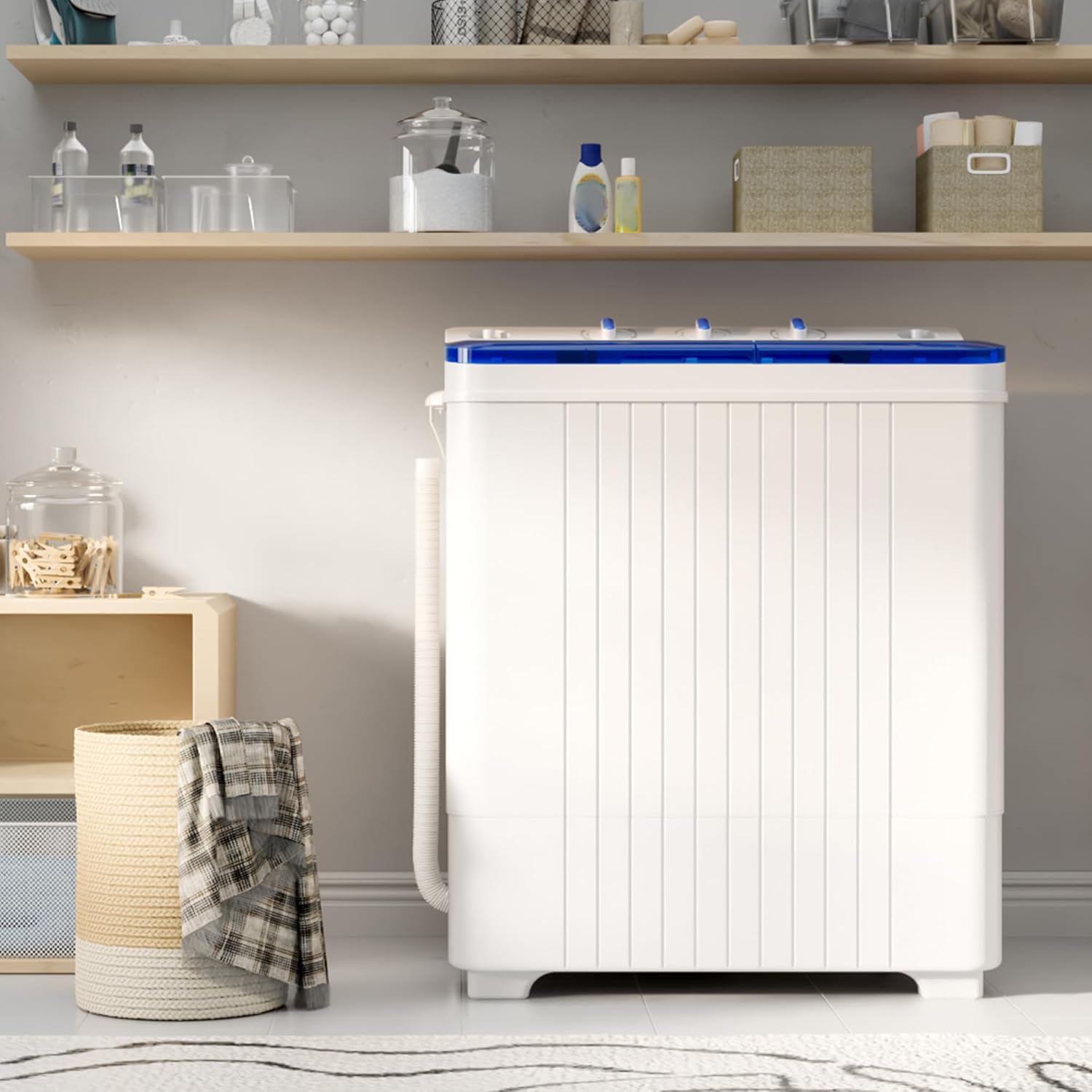 Bonusall Portable Washing Machine，28 lbs Mini Washer and Spin Dryer Combo, Built-in Gravity Drain,Compact Laundry Washer with Drain Pump & Timer Control for Apartments, Dorms, RVs- Blue