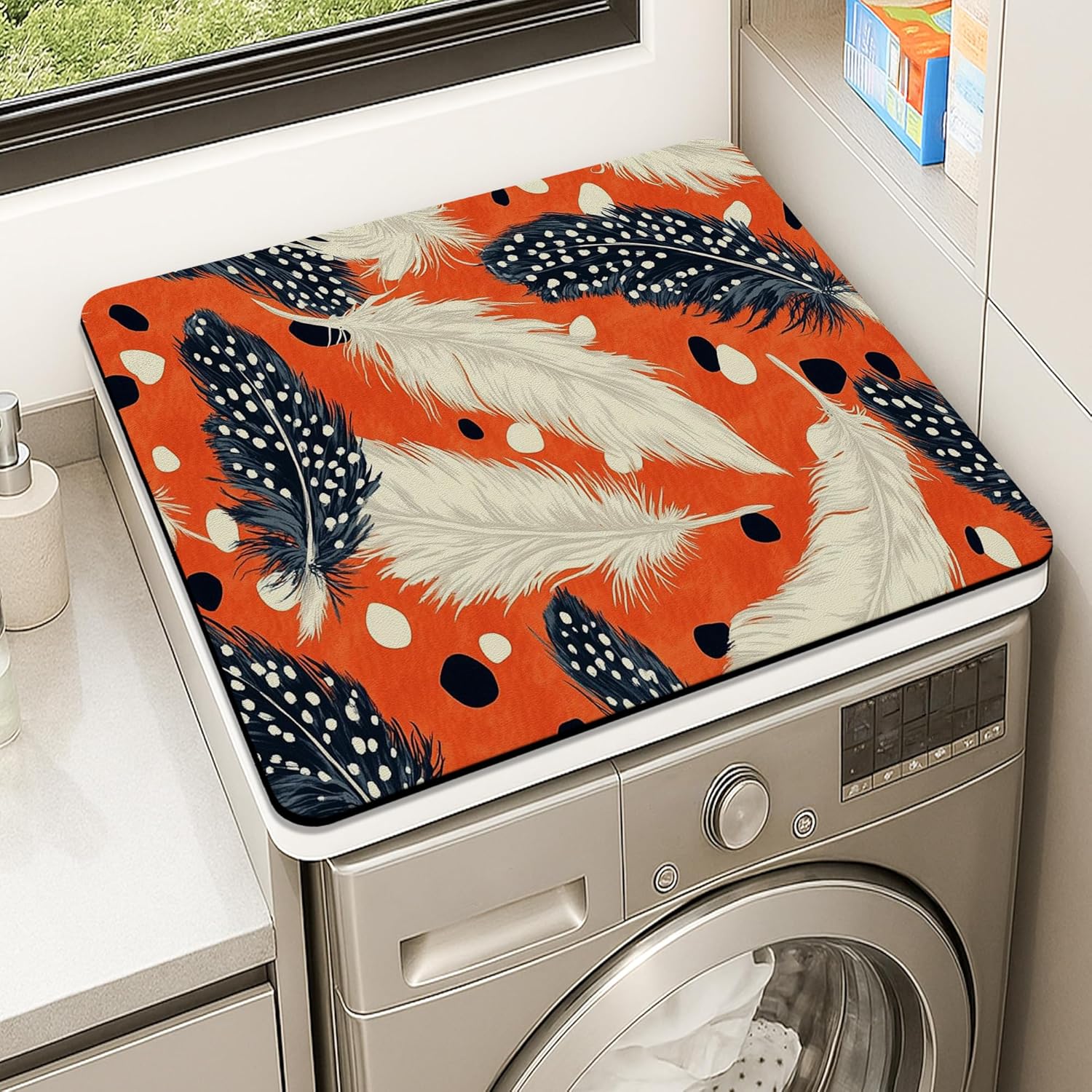 Feather Washer Dryer Top Protector Mat, Bohemian Modern Abstract Laundry Machine Dust Covers, Stylish Rubber Anti-slip Waterproof Washer And Dryer Mats for Laundry Room 24x24 Inch