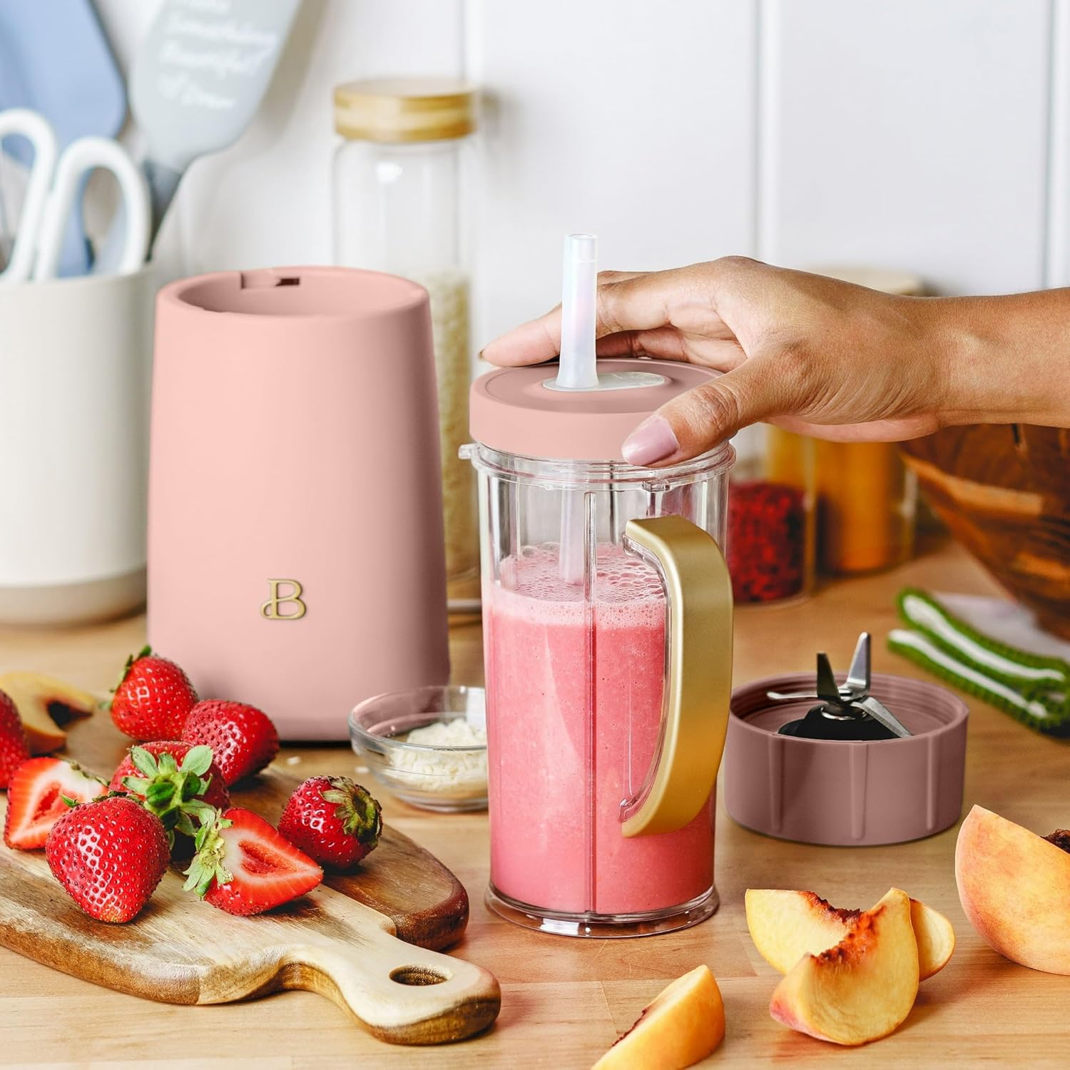 Beautiful 12-Piece Personal Blender Set, 240W Power, With Blend-and-Go Cups, Leak-Resistant Lids, Easy Clean, Compact Design, Ideal For Smoothies, Shakes & Meal Prep (Rose)