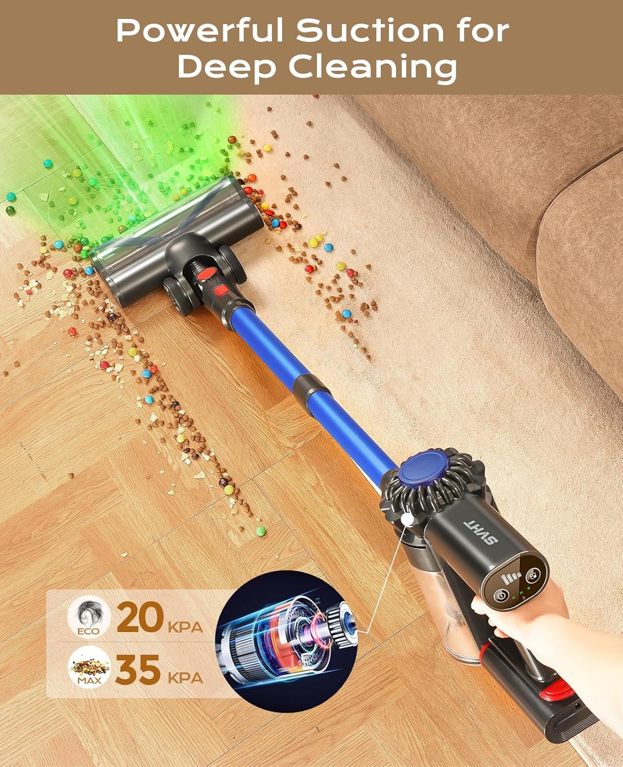 Cordless Vacuum Cleaner, 45Mins Powerful Vacuum Cleaners for Home, Lightweight Stick Vacuum Cordless with Advanced Green Light Tech, Rechargeable Battery Vacuum for Carpet,Pet Hair,Hardwood Floor