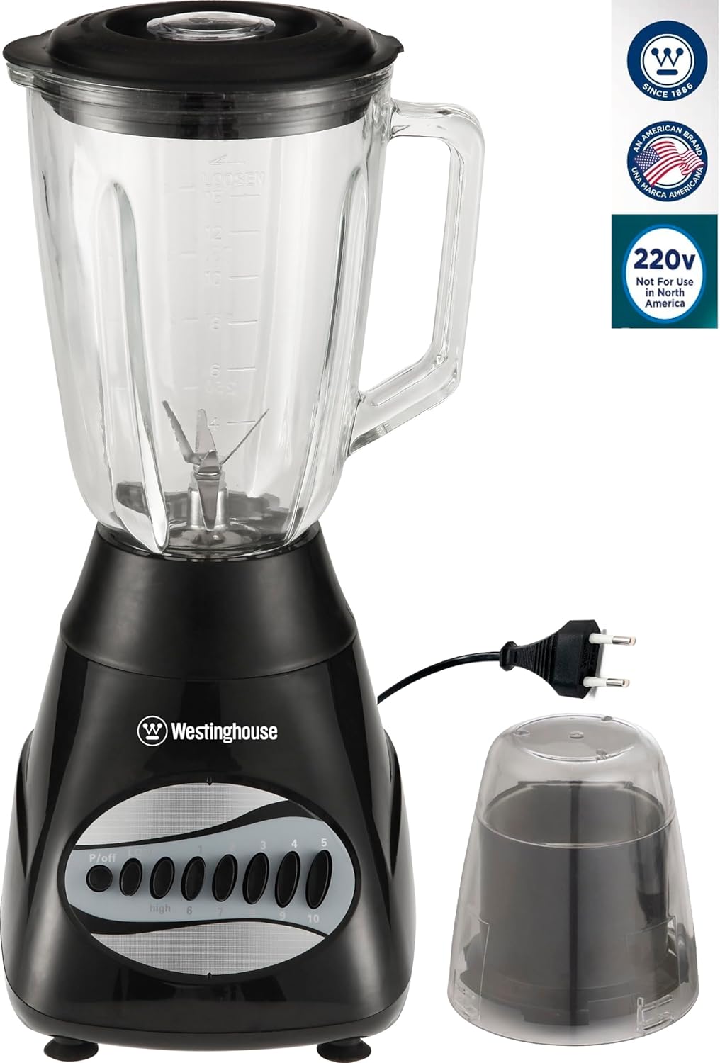 220 Volts Blender WKBEPNG83-1.5L -10 Speed - Pulse Rotation - 500W -Stainless Steel Blade -Glass Jar-Mini Grinder Bundle With Dynastar 220-240 Volts (Not For USE IN USA)