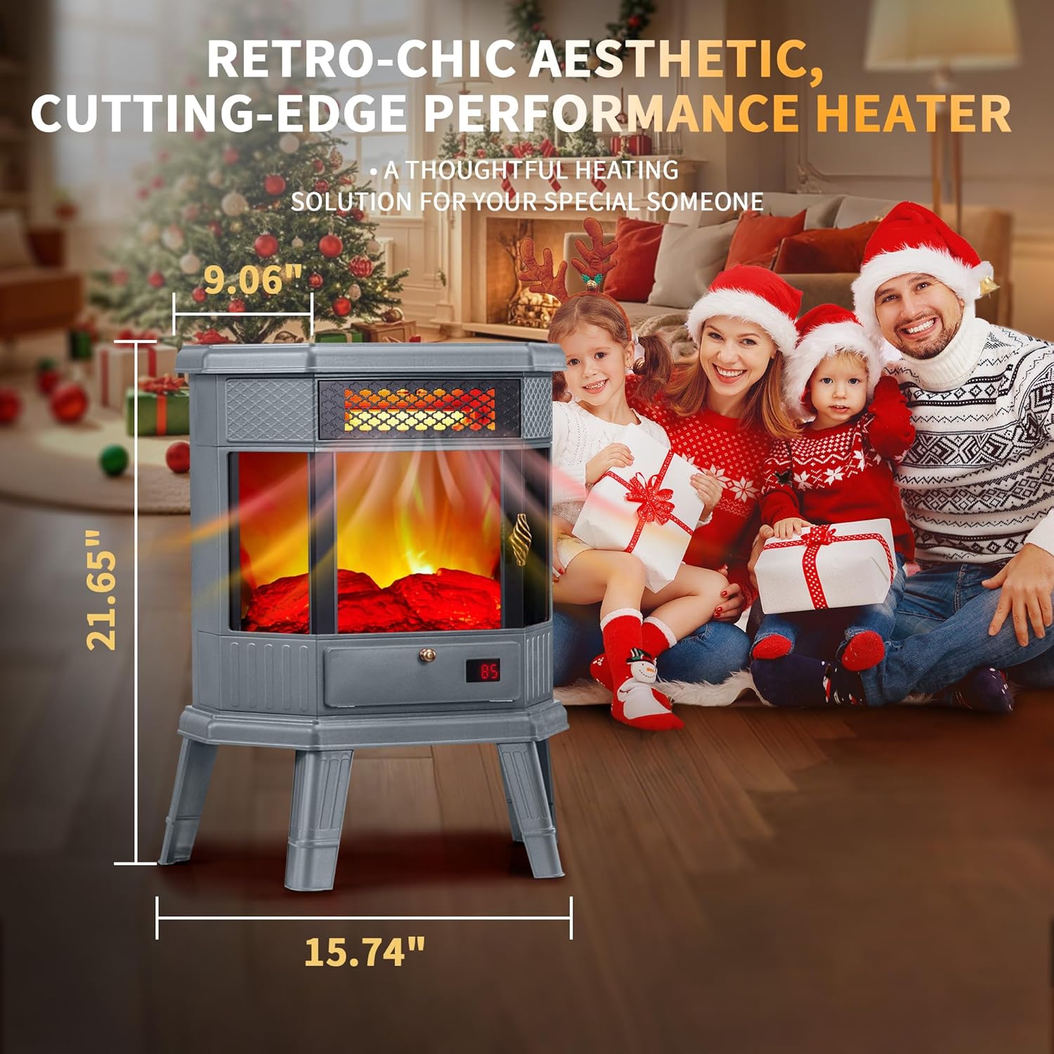 RealSmart Electric Fireplace Heater 22 in Freestanding Fireplace Stove Infrared Fireplace with 3D Flame Effect Remoted Control, Timer, Overheating Protection (Gray)