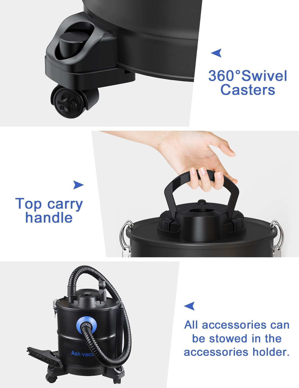 Ash Vacuum, Pellet Stove Vacuum Cleaner, 5.3 Gallon, 20kPa, 1200W Powerful Motor with Blower Function, On Wheels and HEPA Filter, The Ash Vacuum for Pellet Stoves & Wood Stoves