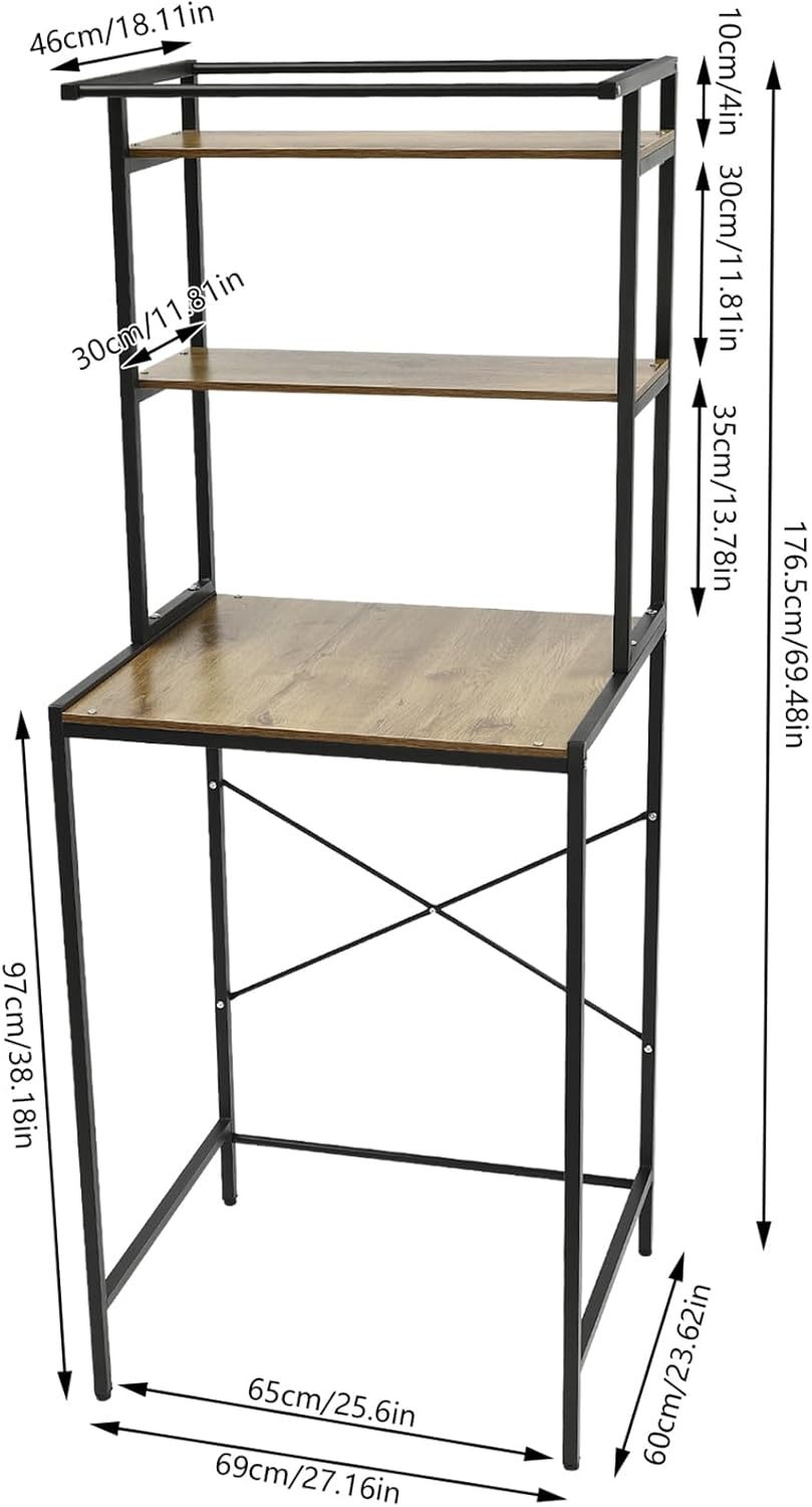 Over Washer Dryer Standing Rack Stand with Adjustable Rubber Feet, Hanging Towels Organizer Laundry Products Storage Shelf for Bathroom Laundry Room Space Saver (Black + Oak)