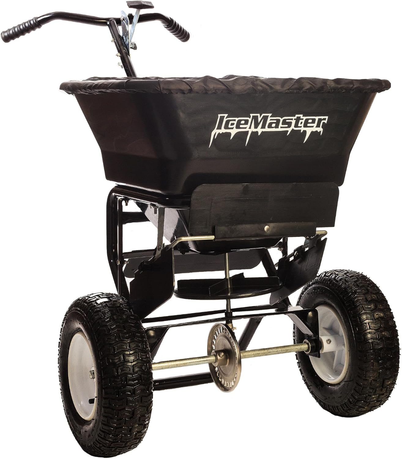 Ice Master PRO - Winter Walk Behind Salt Spreader, 100 LBS Capacity, Snow, Sand, and Ice Melt Spreader with Included Grate, Cover & 13 in All Terrain Pneumatic Tires