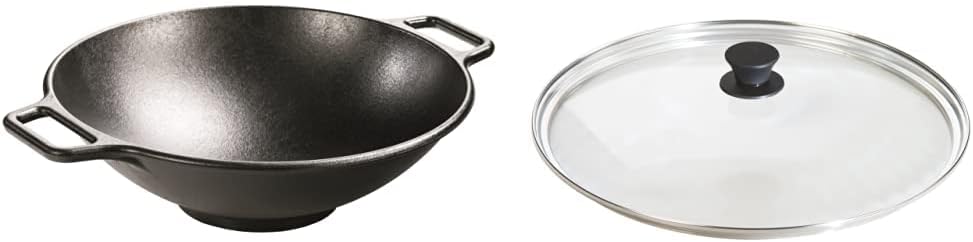 Lodge BOLD 14 Inch Seasoned Cast Iron Wok; Design-Forward Cookware & Manufacturing Company GL15 Tempered Glass Lid, 15