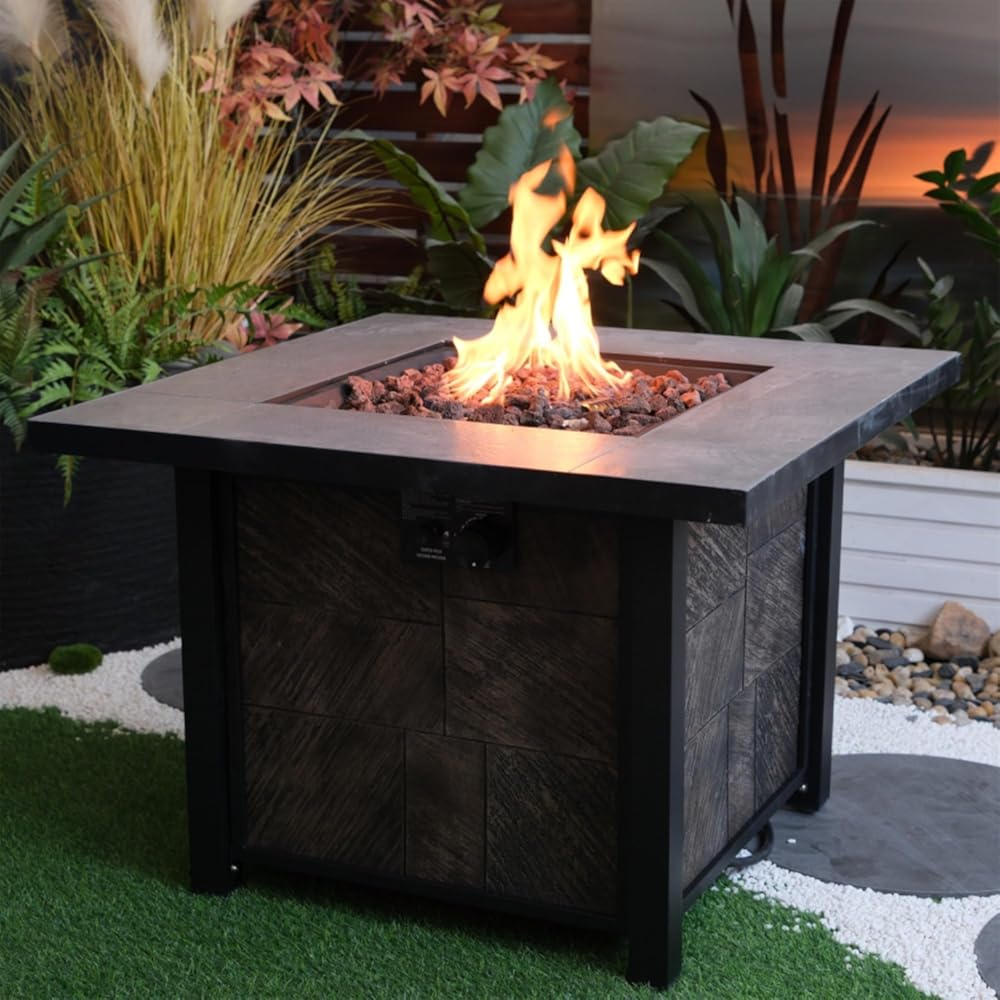 Outdoor Propane Fire Pit Table, Square Stonecrest Gas Fire Pit for Patio, Concrete 50,000 BTU Propane Fire Table with Lava Rocks, Waterproof Cover, Magnesium Oxide Wood Grain Finish