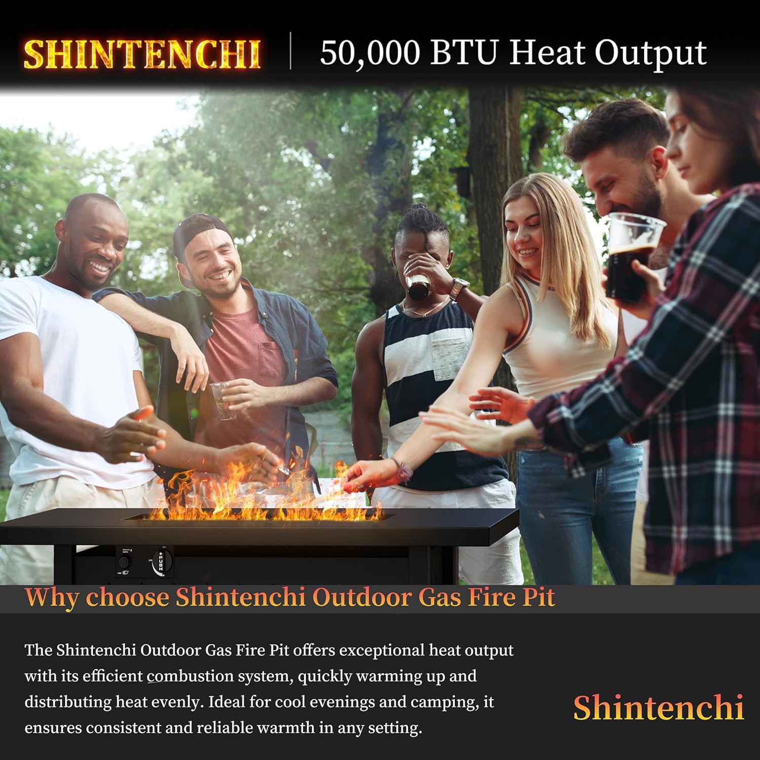 Shintenchi 43 Inch Outdoor Propane Fire Pit, 50,000 BTU Outdoor Fire Table, CSA-Certified Steel Propane Fire Pit with Lid and Lava Rock for Garden, Yard, Camping, Pool Use, Black