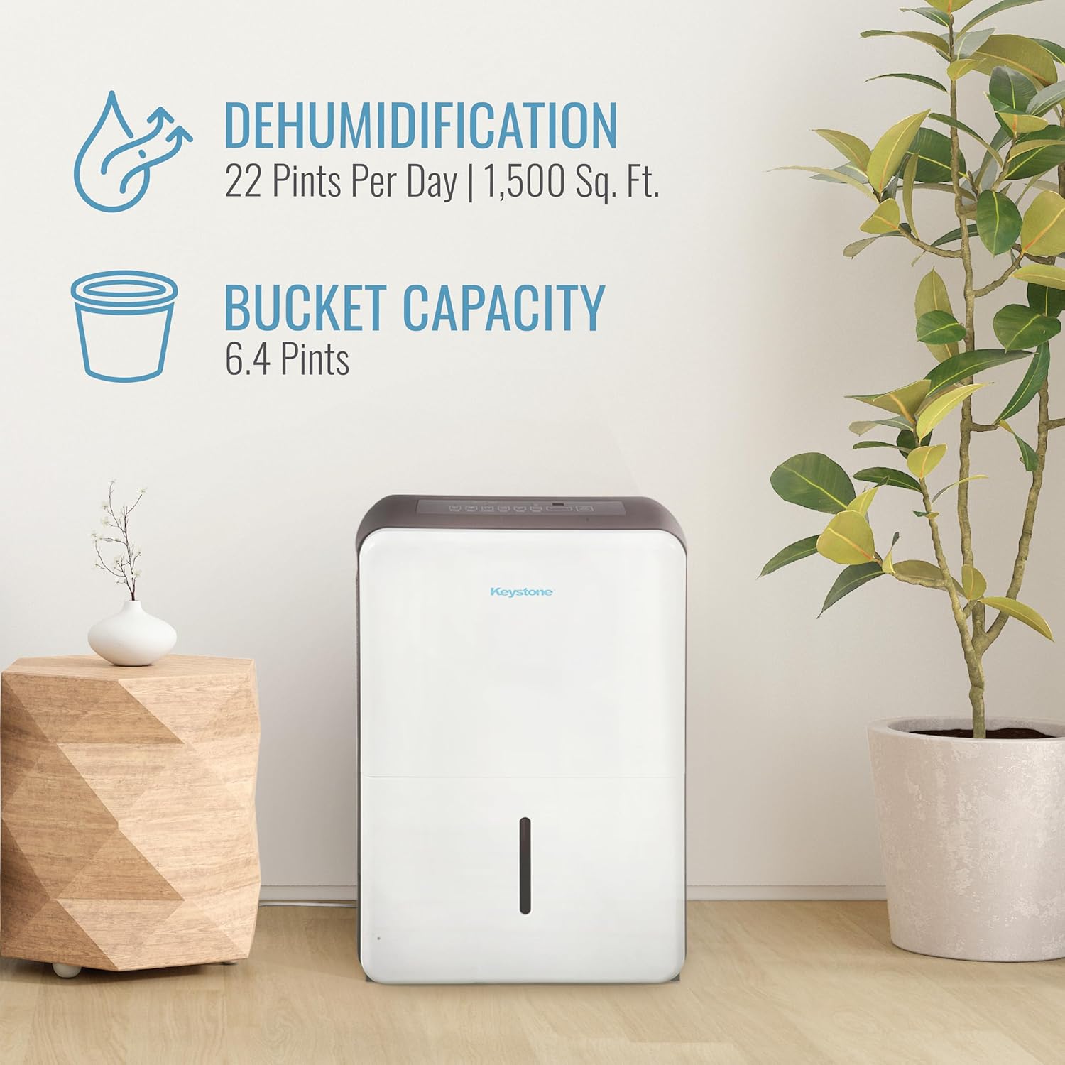 Keystone Energy Star 22-Pint Portable Dehumidifier for Large Rooms up to 1,500 Sq.Ft. with Auto-Shutoff & Timer, Quiet and Moisture Absorber For Basement, Garage, Living Room