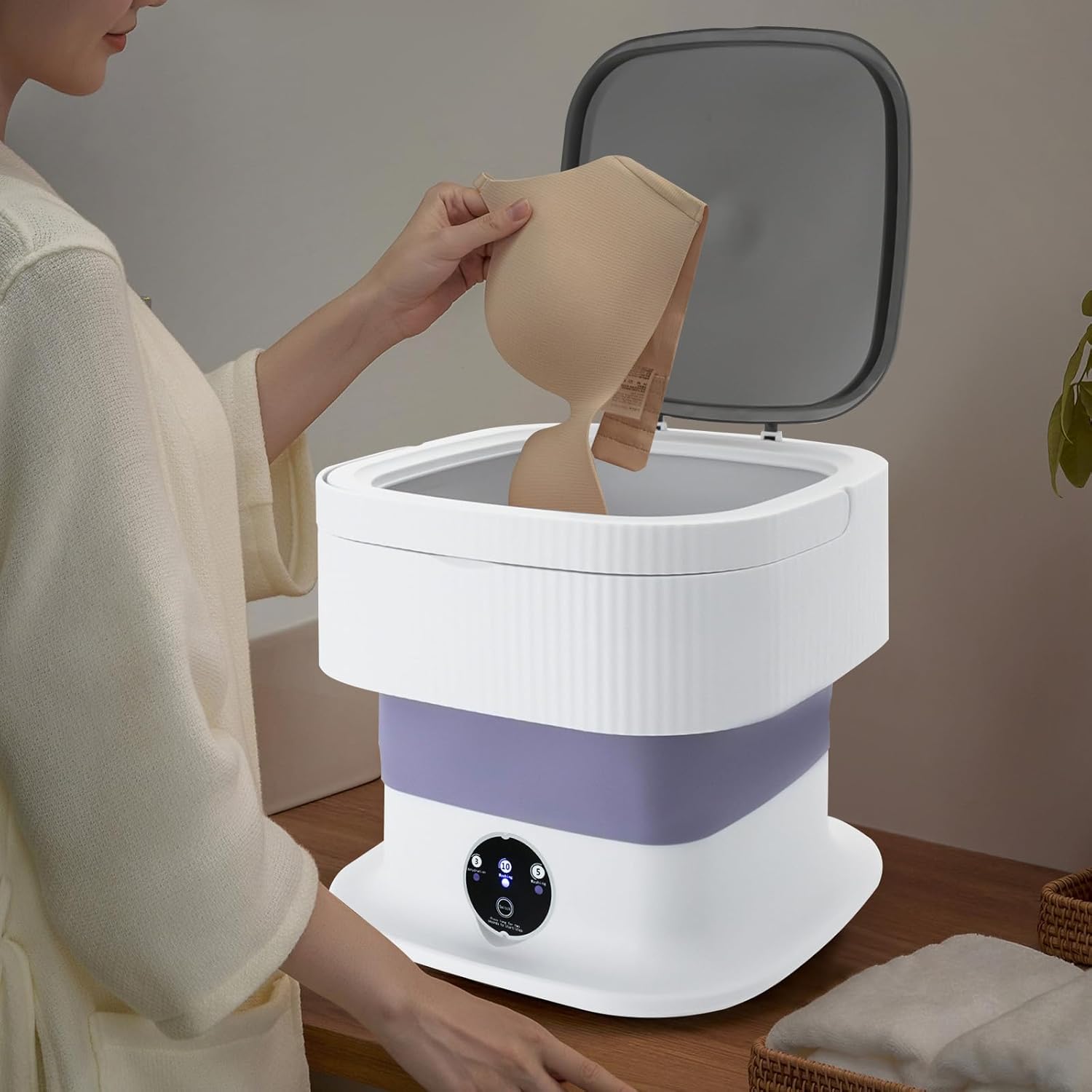 Foldable Portable Washing Machine,10L Mini Washer w/3 Deep Cleaning Modes for Underwear, Baby Clothes and Other Small Items - Semi-automatic Laundry Washer with Drain Basket,40W 320rpm (Purple)