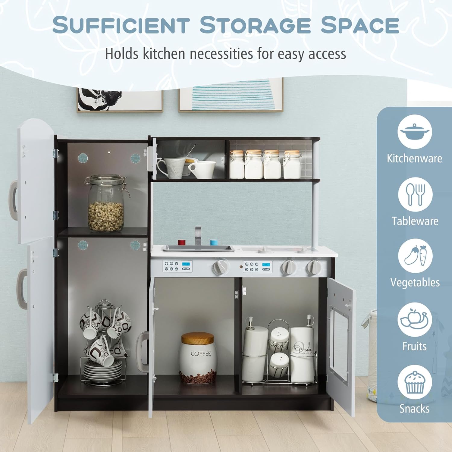 Costzon Kids Play Kitchen, Wooden Kids Kitchen Playset w/Realistic Sound, Microwave, Oven, Washing Machine, Refrigerator, Sink, Toy Kitchen, Gift for Boys Girls Age 3+