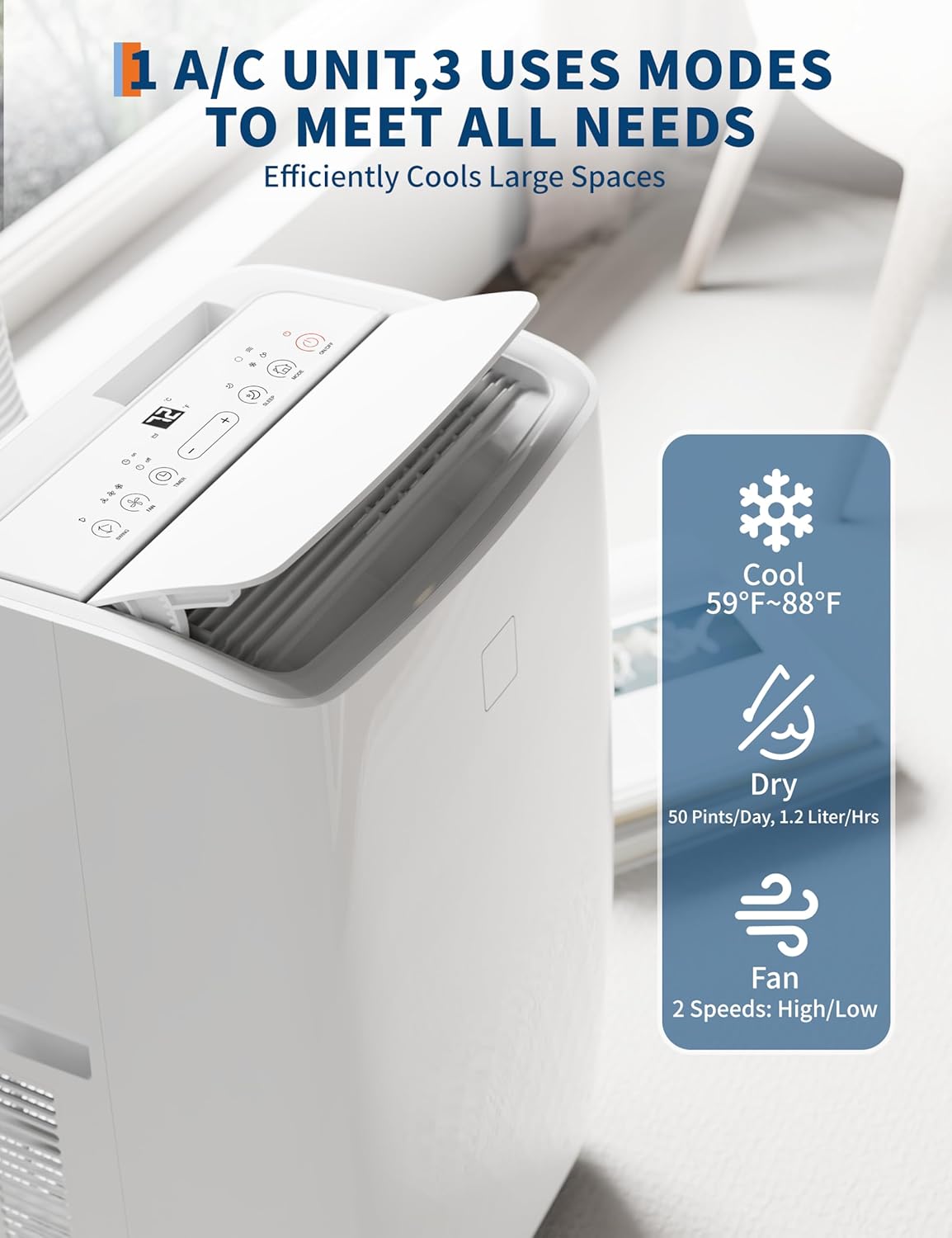 14,000 BTU Portable Air Conditioners,3 in-1 Portable AC Unit with Cools/Fan/Dehumidifier,Room up to 750 sq.ft,Remote Control,24H Timer,for Room Office