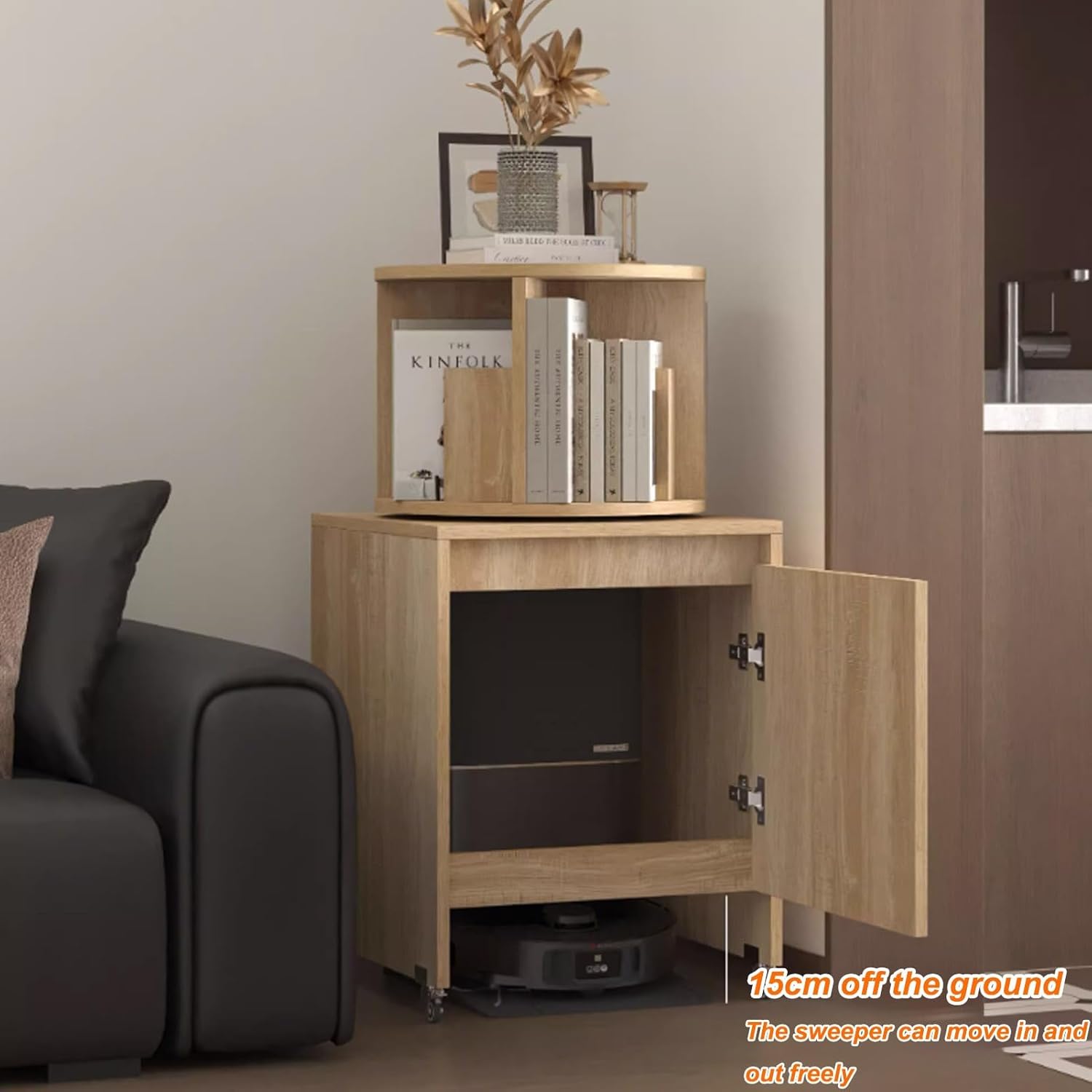 Robot Vacuum Stand Cabinet, Vacuum Hidden Cabinet for Sweeping, Vacuums Hidden Cabinets for Sweeping, Movable Storage Rack, Multi-Function Rotating Bookshelf(Natural,19.6x19.6x25.5'')