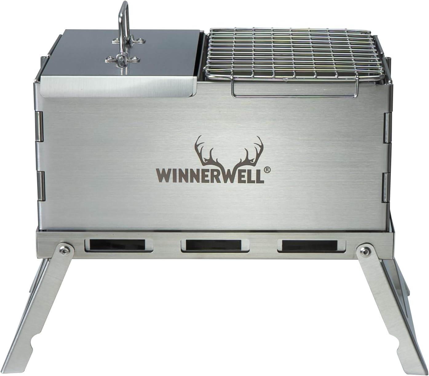Winnerwell Portable Camping Cook Grill Stainless Steel Outdoor Grill and Fire Pit with Pot Lid for Stews Soups and BBQ Ideal for Camping Picnic and Backpacking