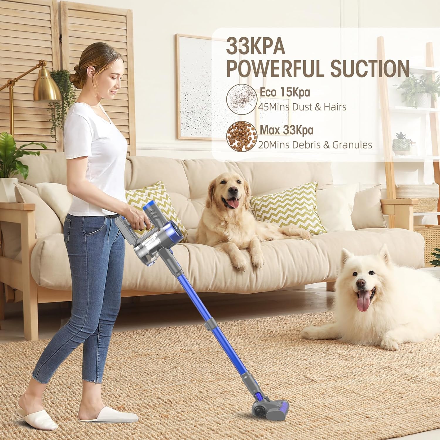 Cordless Vacuum Cleaner, 33 KPA 45 Mins Vacuum Cleaners for Home, 8 in 1 Lightweight Self-Standing Stick Vacuum with Touch Screen, Ultra High-Power Brush for Pet Hair/Plush Carpet/All Floor