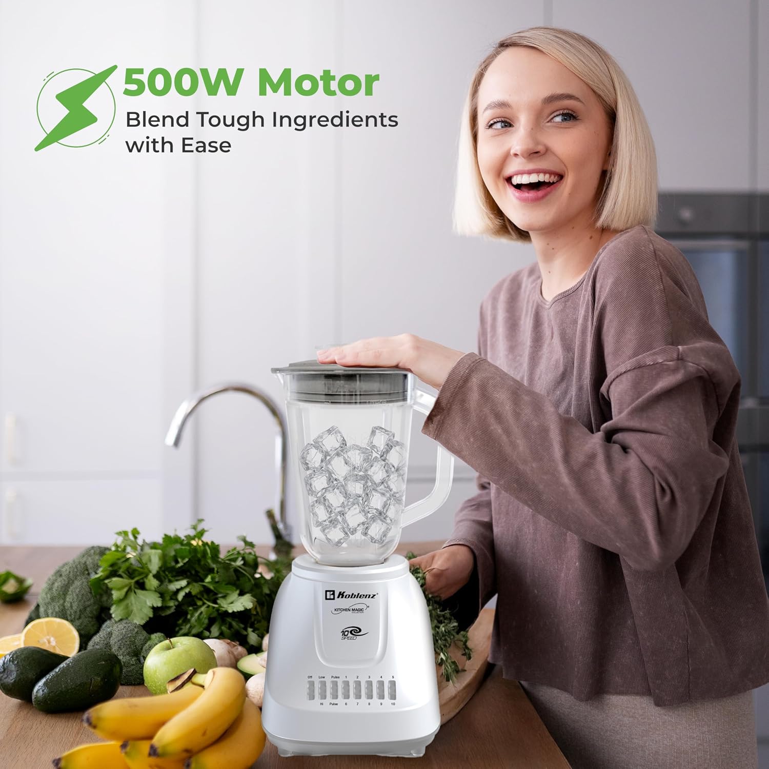 Koblenz 42 oz Plastic Jar Blender, 10 Speed and 2 Pulses, Countertop Blender with Stainless Steel Blades, Perfect for Shakes and Smoothies, 500-Watt Motor, White, LKM-5510 PB