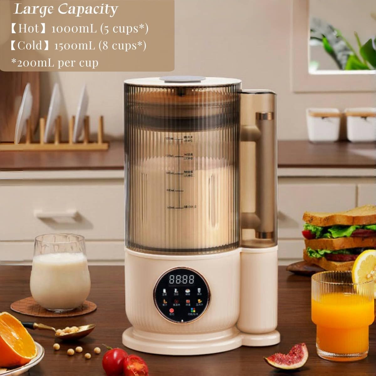 8-in-1 Automatic Soy Milk Maker, 50.72oz Nut milk maker blender for Almond/Oat/Soy Milk, Juice, Milkshake, Rice Paste, glass blender with LED Display, Auto Clean, 24H Delay Start & 12H Keep Warm