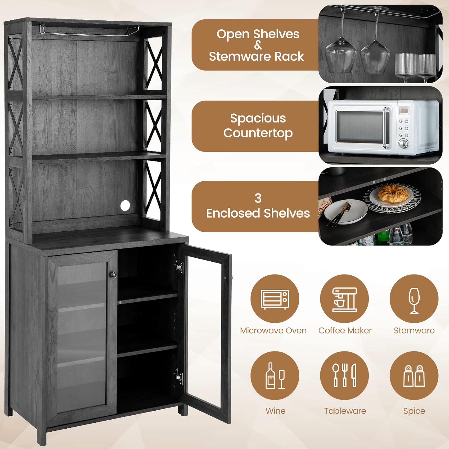 LOKO Kitchen Pantry Storage Cabinet, Farmhouse Buffet Hutch with Stemware Rack, Microwave Countertop & Tempered Glass Doors, 67.5
