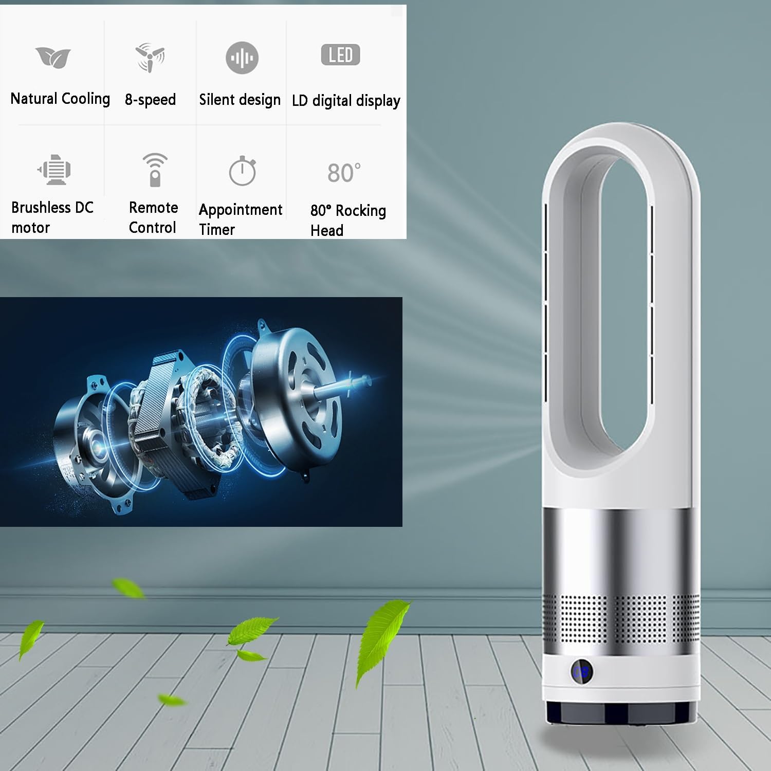 Bladeless Fan, Quiet Oscillating Tower Fan with Remote, Office Floor Fan, Air Circulation Fans, Hot and Cold, Can Be Used All Year Round；8 Air Speeds, Timed Appointments(Gold)