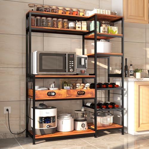 Bakers Rack with Power Outlet,Industrial Microwave Oven Stand with Wooden Serving Trays and Wine Rack,6-Tier Free Standing Kitchen Storage Shelf Bakers Rack,Kitchen Rack Organizer with Storage