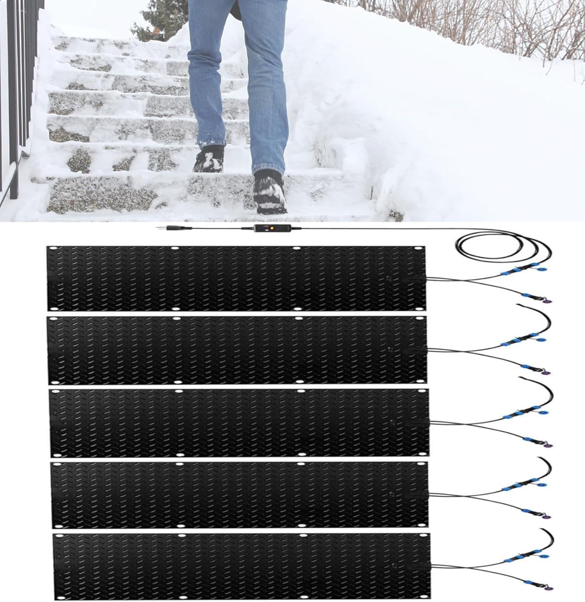 Heating Snow melt mat, Non-Slip Rubber Snow and ice Heating mat, Suitable for Outdoor stairways, Steps, Sidewalks, garages, Decks in Winter(5Pcs,10inx35.4in (25.4x90cm))