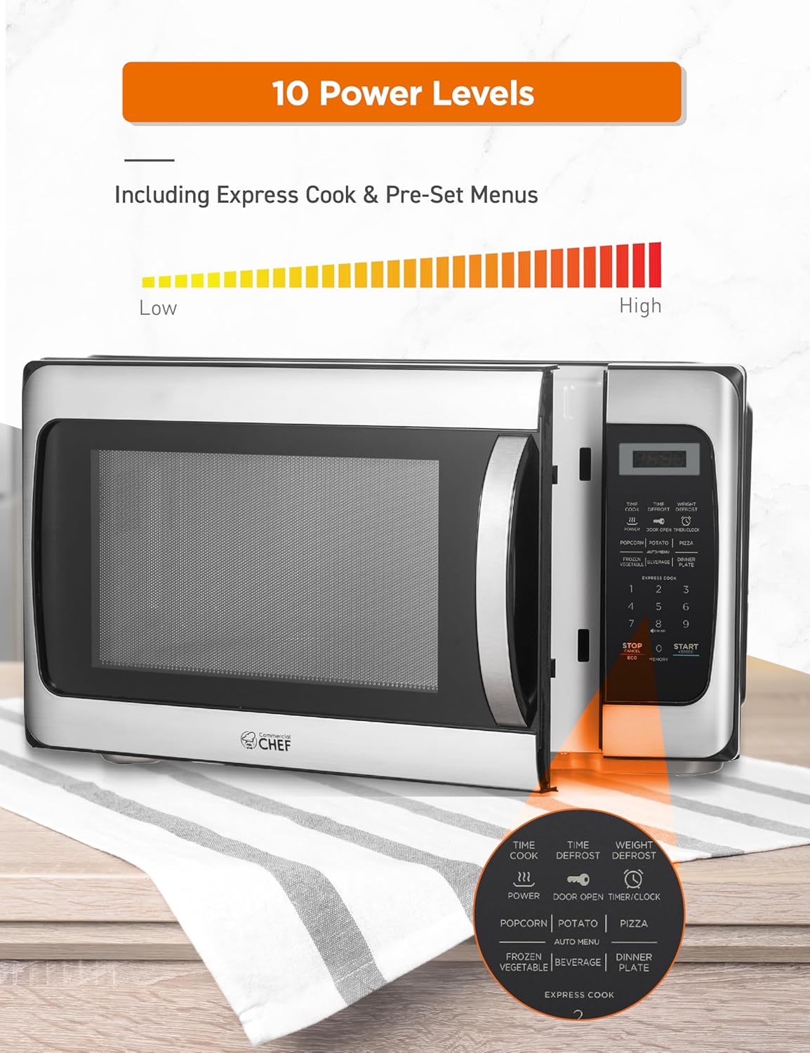 COMMERCIAL CHEF 1.1 Cu Ft Microwave with 10 Power Levels, Microwave 1000W with Push Button Door Lock, Countertop Microwave with Microwave Turntable and Digital Controls, Stainless Steel
