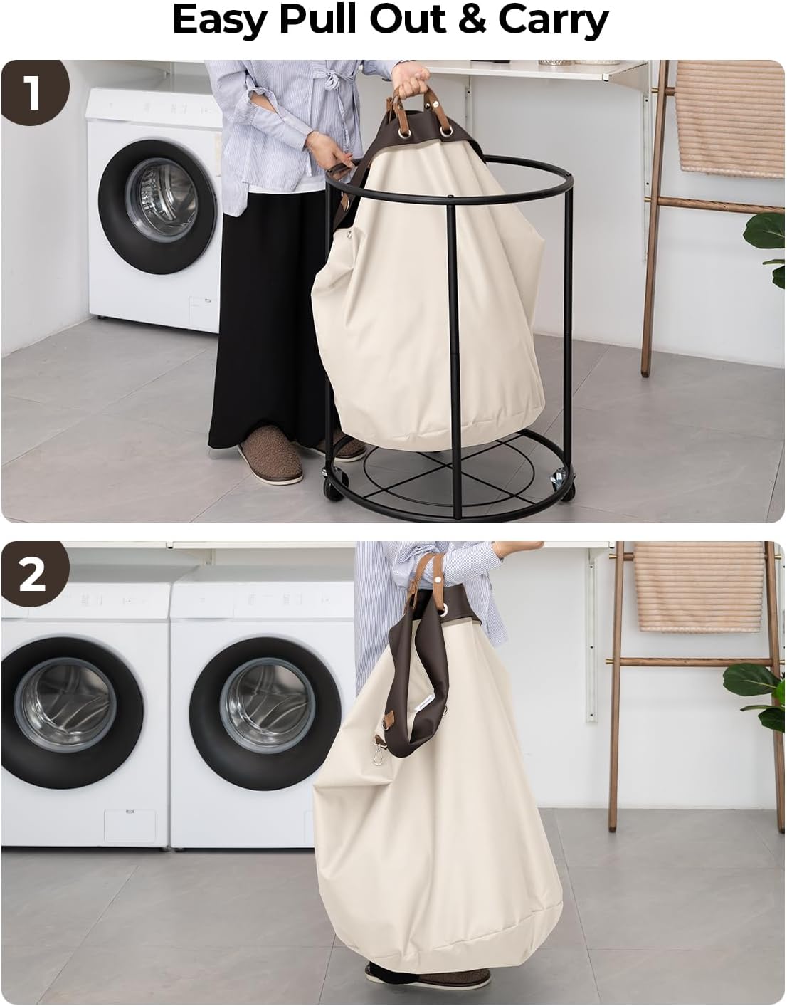 StorageWorks 170L Rolling Laundry Basket, Clothes Hamper with Wheels, Round Clothing Cart with Steel Frame and Removable Bag, 4 Casters and 2 Brakes, Beige, 1-Pack