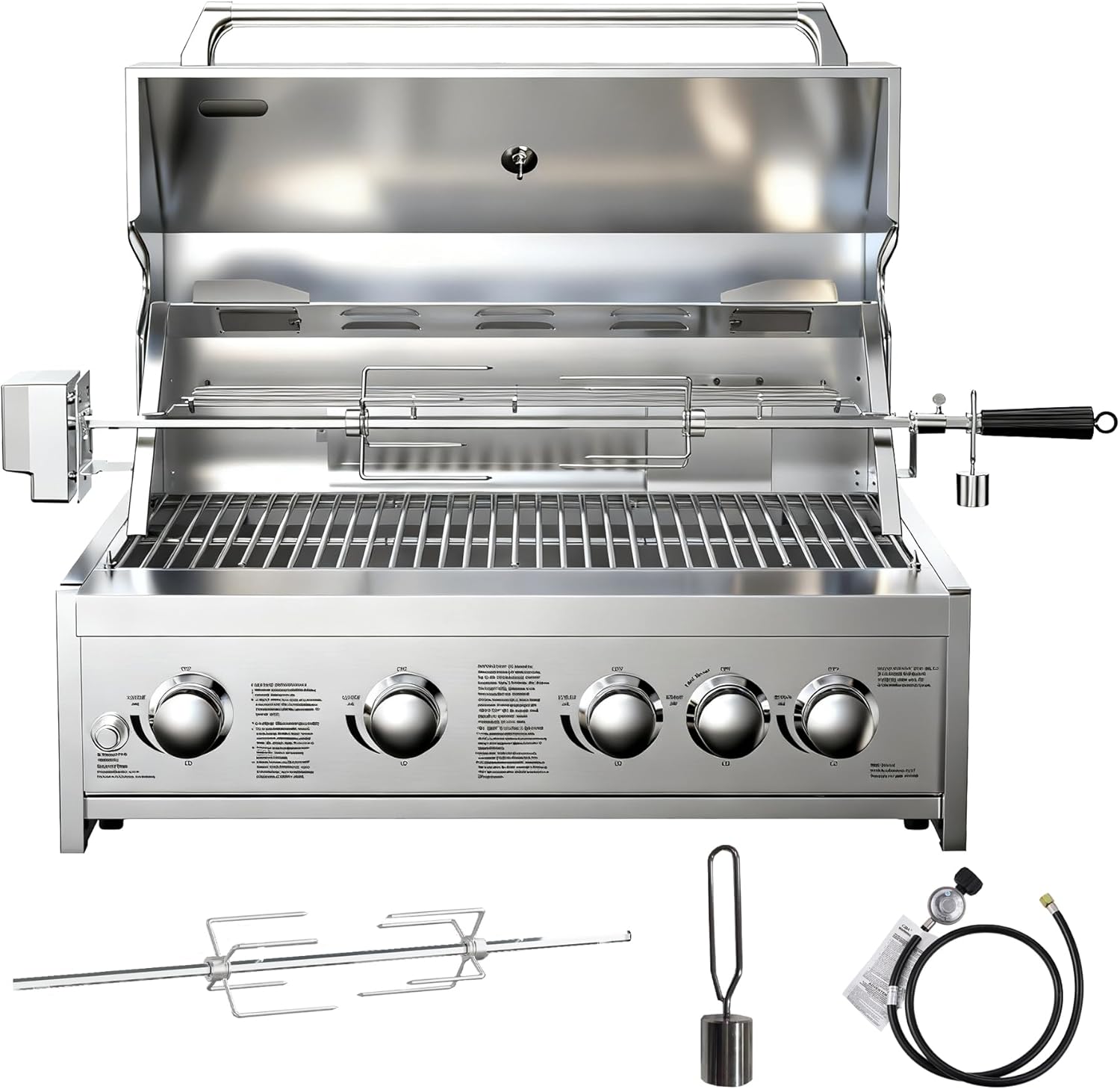 BODEGA 30 Inch Propane Gas Grill, 4x12000-BTU Gas Grill & 1x10000-Infrared Back Burner, Stainless Steel 5-Burner Propane Grill for Outdoor Kitchen, Rotisserie Chicken Fork Kit | Backyard BBQ, Camping.