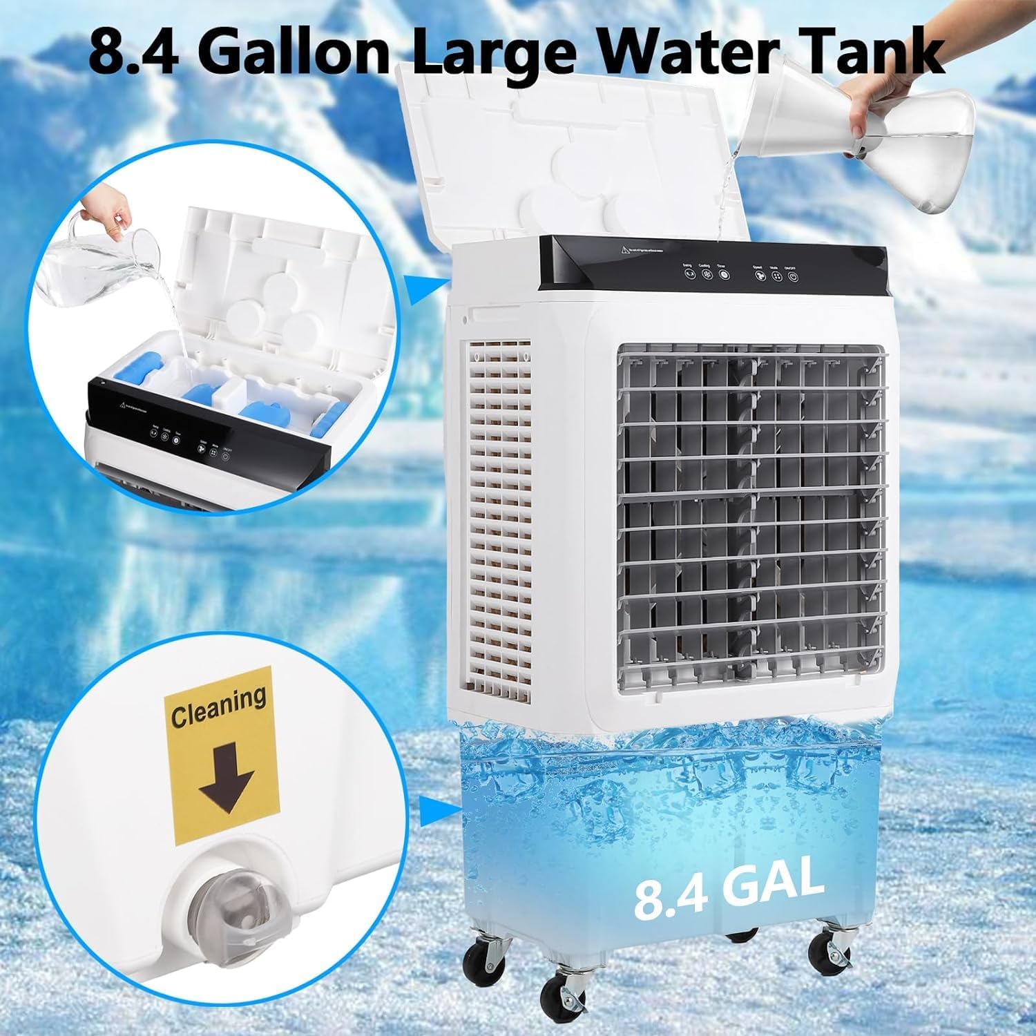 Evaporative Air Cooler, 1800 CFM Swamp Cooler with Remote Control, 8.4 Gallon Large Water Tank, 3 Speed Cooling Fan, 4 Ice Packs, Portable Air Conditioner for Room Garage Commercial