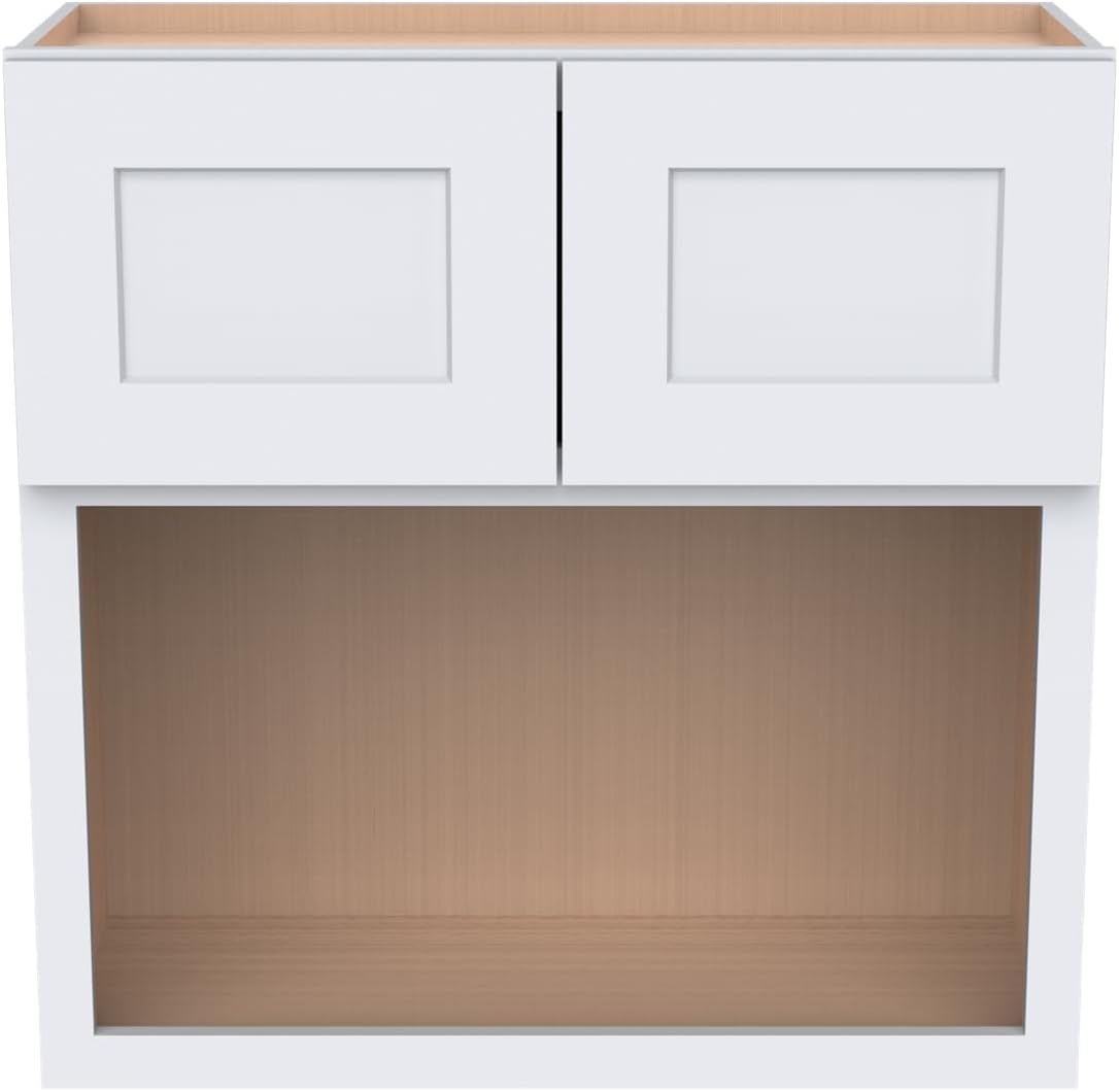 Solid Wood RTA Wall Microwave Cabinet with Open Shelves – Shaker Style, Space-Saving Kitchen Pantry Storage, Durable and Versatile Wall-Mounted Organizer (SK-White, 30