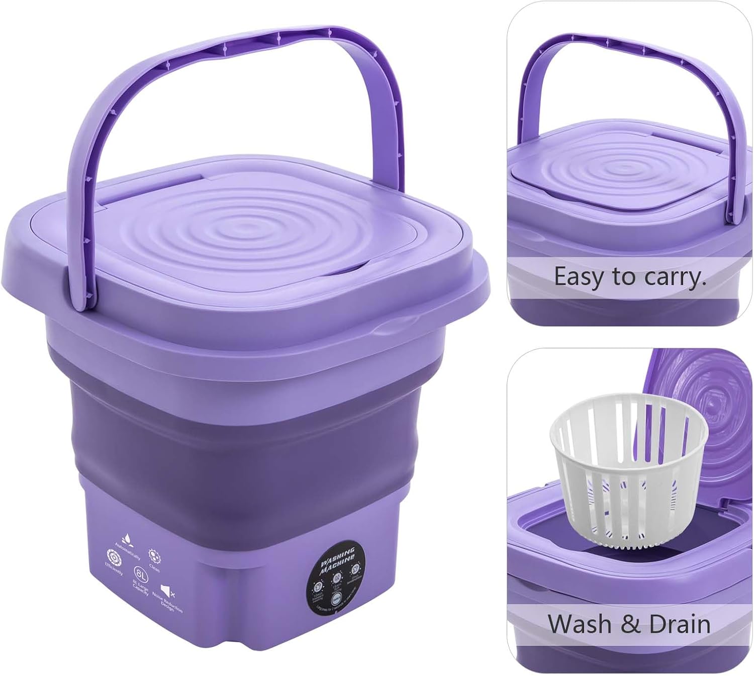 Portable Washing Machine with Drainage Basket, 3 Cleaning Modes, 8L Foldable Mini Washer for Small Clothes, Compact Cloth Laundry Washer for Home/Dorm/RV/Camping Travel (Purple, US Plug)