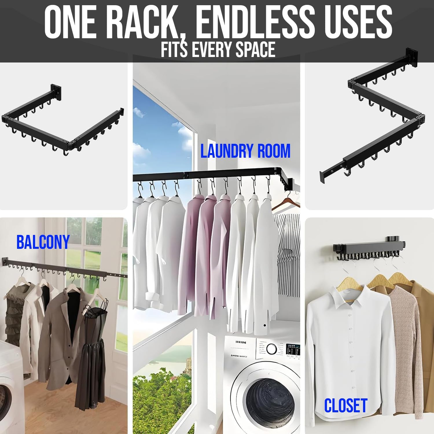 Wall Mounted Drying Rack for Laundry - Foldable Clothes Hanger Dryer with 180° Swivel, 220 lb Capacity, Aluminum Construction, Space-Saving Indoor Outdoor Organizer - Black