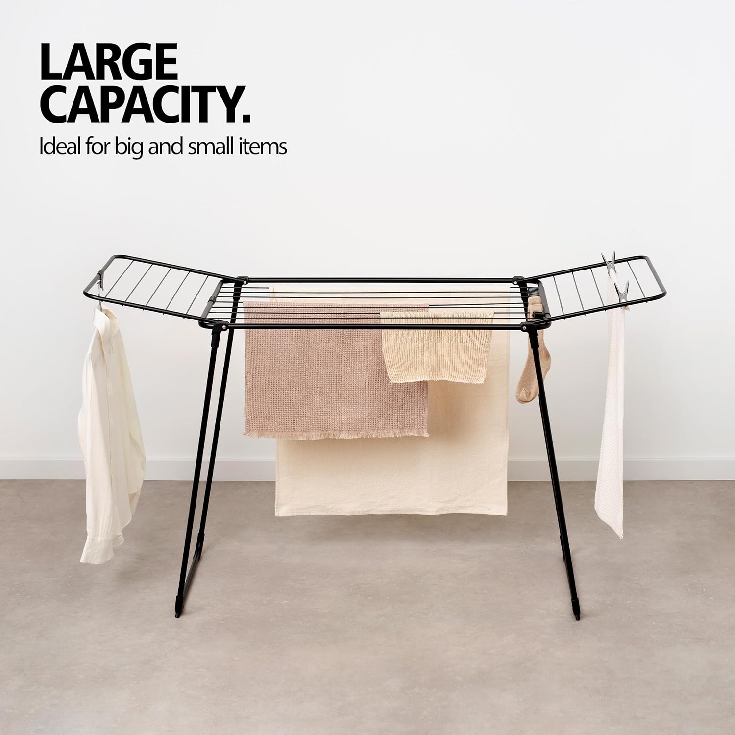 Brabantia HangOn Drying Rack, 59 ft (18m) (Matte Black), Large Capacity Clothes Drying Rack for Up to One Full Machine Load, Foldable Laundry Stand for Large and Small Items, No Pegs Needed